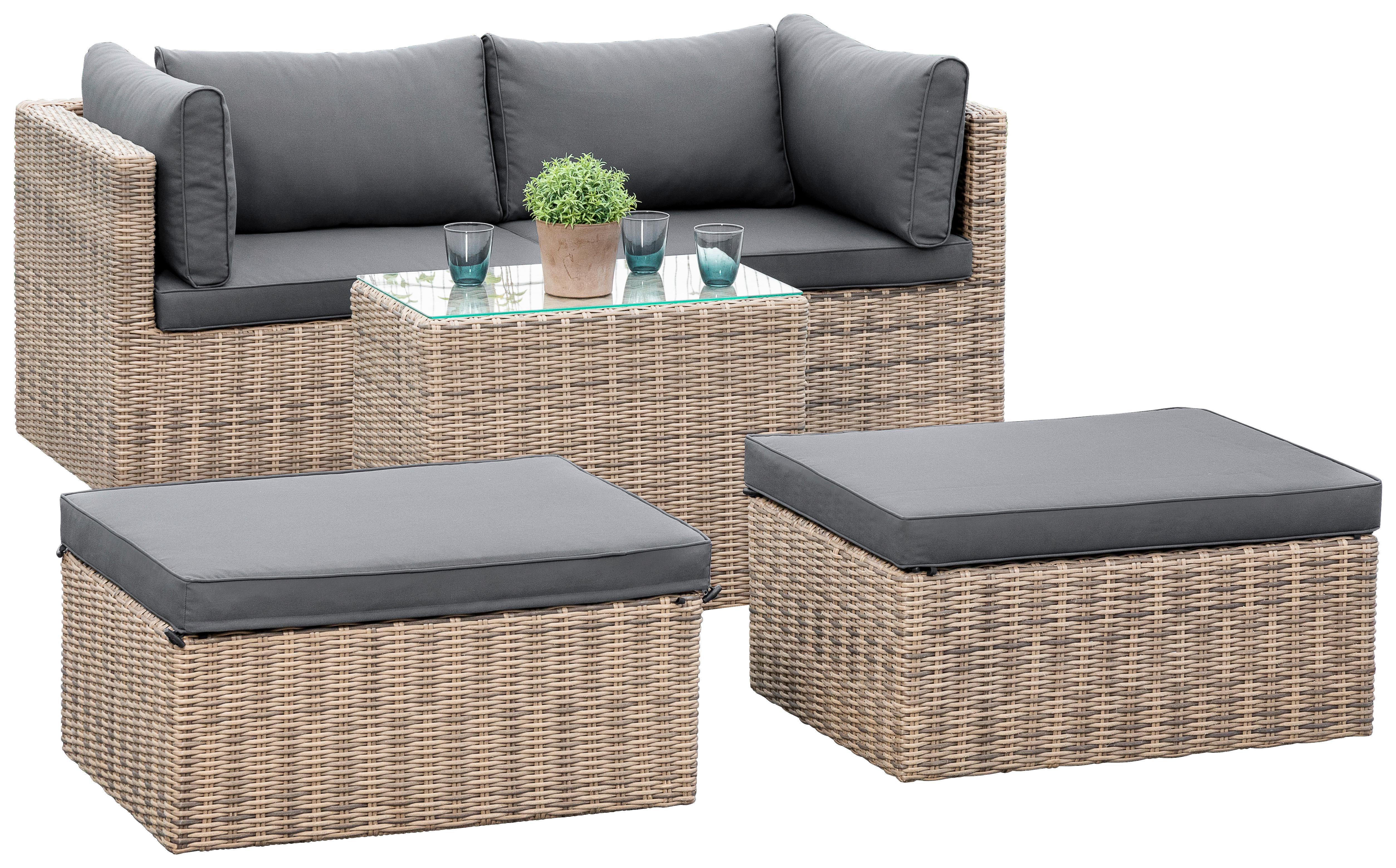Loungegarnitur 4-tlg. Licosa Metall/kunststoff/glas/textil - Dunkelgrau/Grau, KONVENTIONELL, Glas/Kunststoff (88/65/68cm) - Gardenson