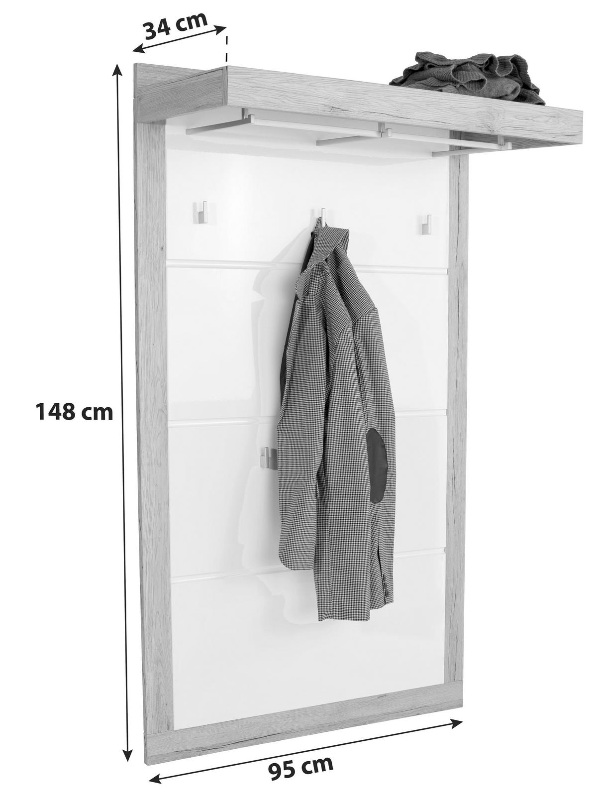 Garderobenpaneel Malta Eiche Dekor Hutablage B: 94,9 cm - Eichefarben/Weiß, MODERN, Holzwerkstoff (94,9/147,7/34cm)