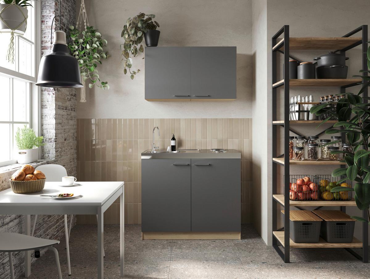 Miniküche Merle Grau/Eiche Dekor B:100cm - Eichefarben/Grau, Basics, Holzwerkstoff/Metall (100cm) - Respekta