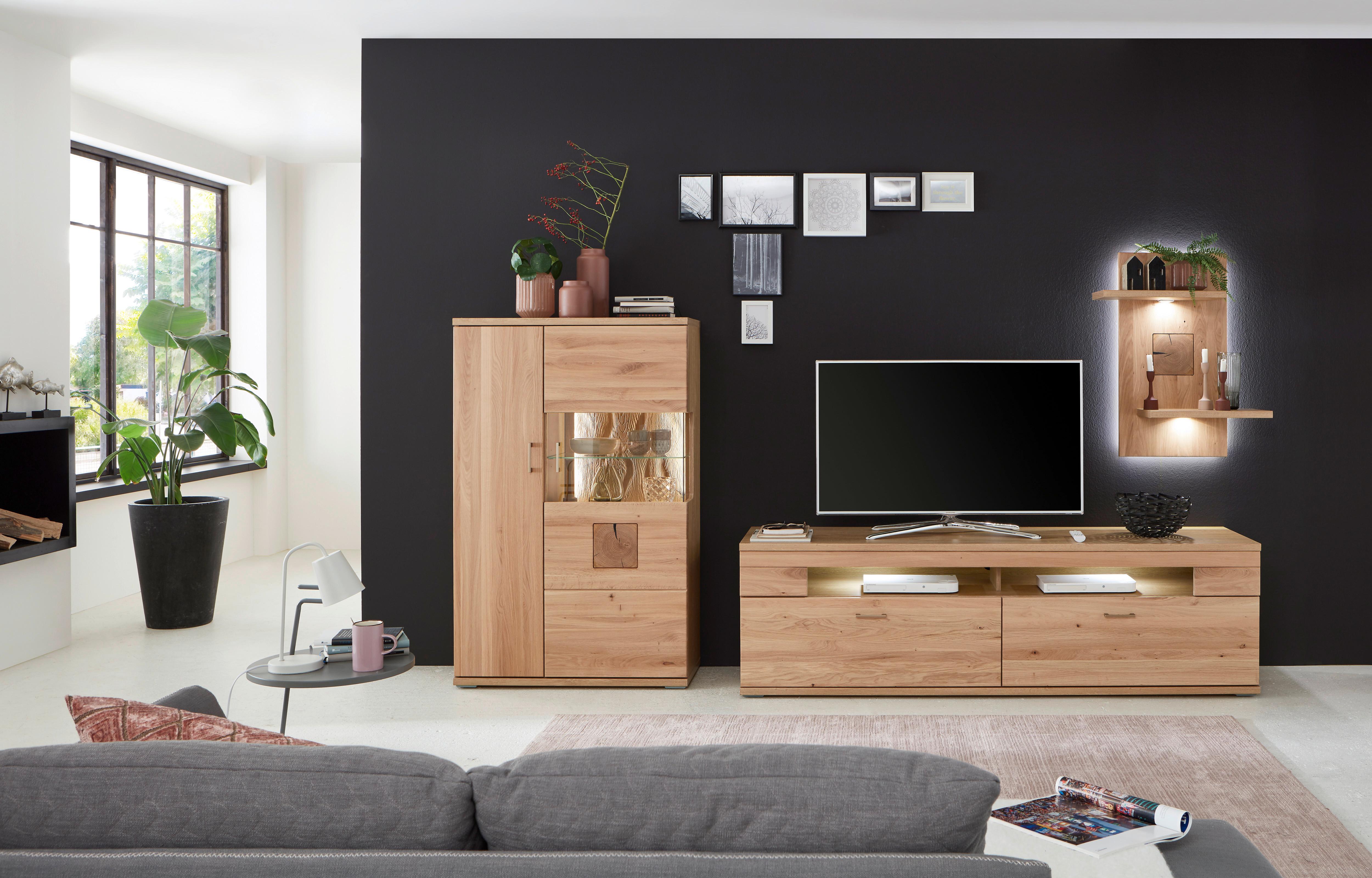 Wohnwand Kansas - Alteiche/Silberfarben, KONVENTIONELL, Glas/Holz (317,1/171/50,2cm) - Livetastic