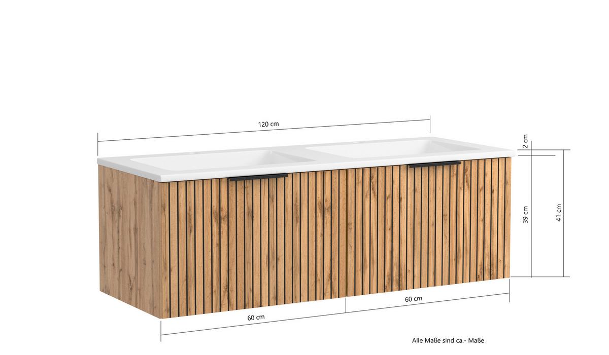 Waschbecken Mit Unterschrank Chester B: 120 Cm - Eiche Wotan/Schwarz, MODERN, Holzwerkstoff/Stein (120cm) - Held