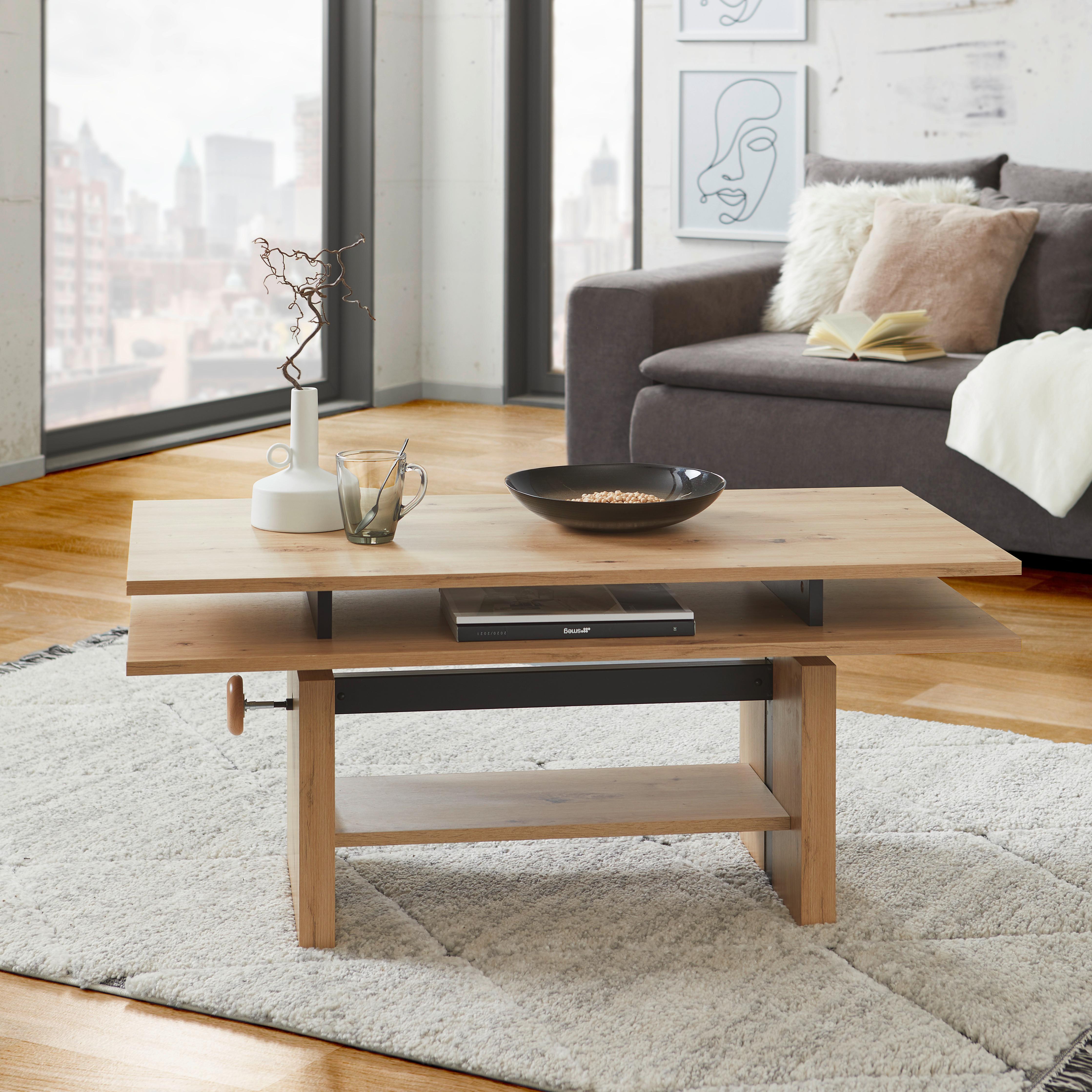 Couchtisch höhenverstellbar mit Ablage Menuett Eiche Dekor - Eichefarben/Schwarz, Design, Holzwerkstoff (55/110/52-68cm) - MID.YOU