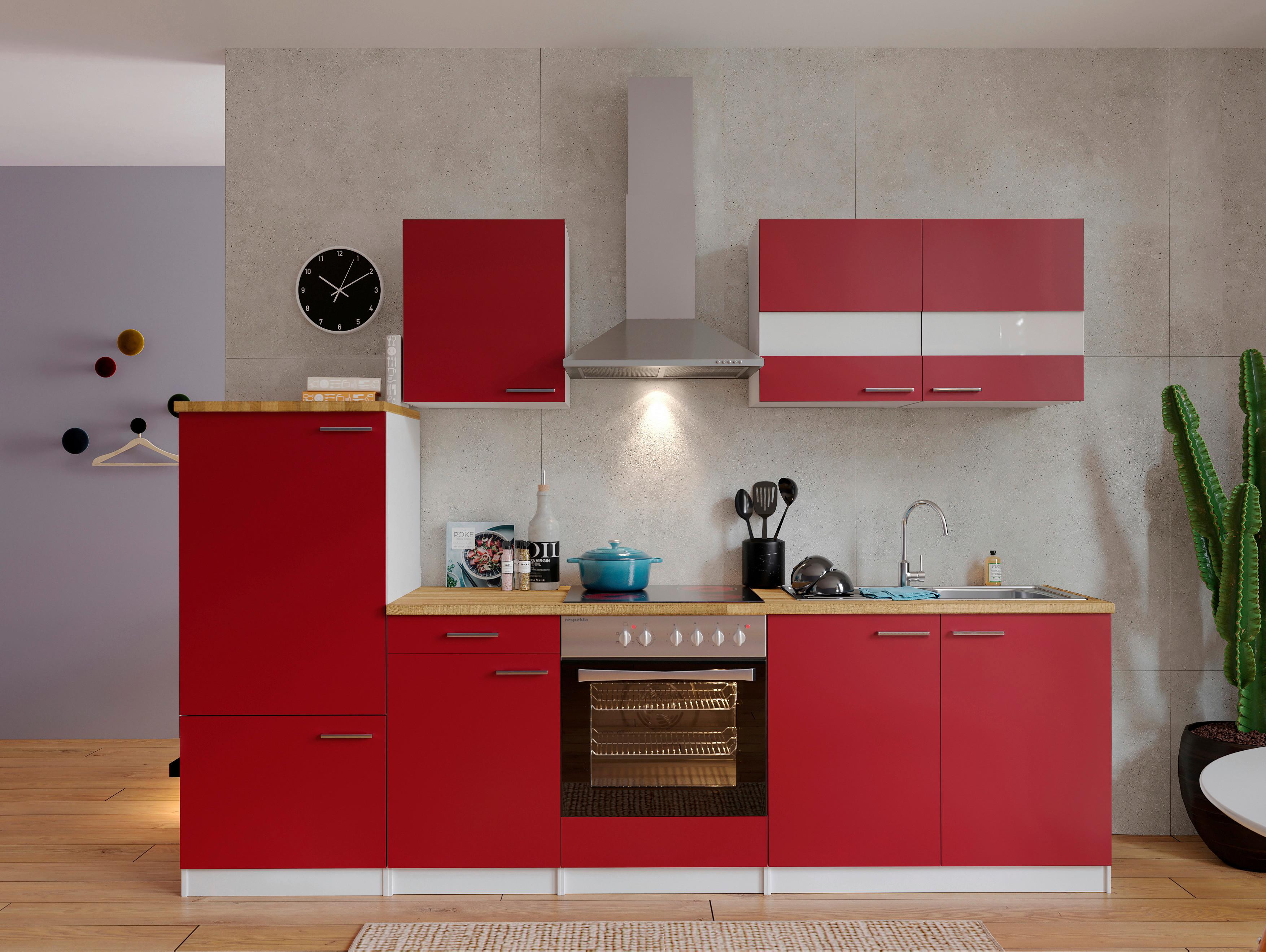 Küchenzeile ohne Geräte B: 270 cm Weiß/Rot/Nussbaum Dekor - Rot/Nussbaumfarben, Basics, Holzwerkstoff (270cm) - Respekta