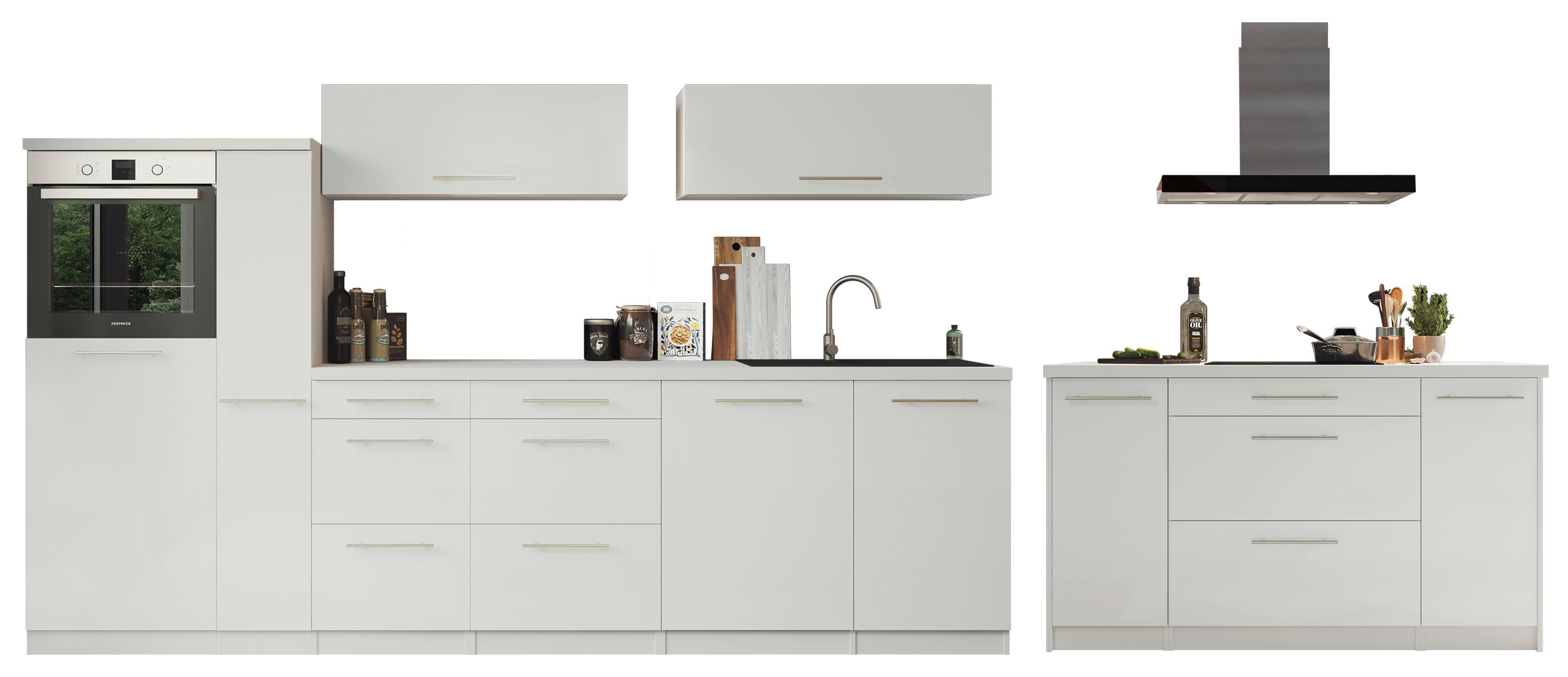Küchenzeile Premium mit Geräte 310 cm Weiß mit Kochinsel - Weiß Hochglanz/Weiß, MODERN, Holzwerkstoff (310/160cm) - Respekta