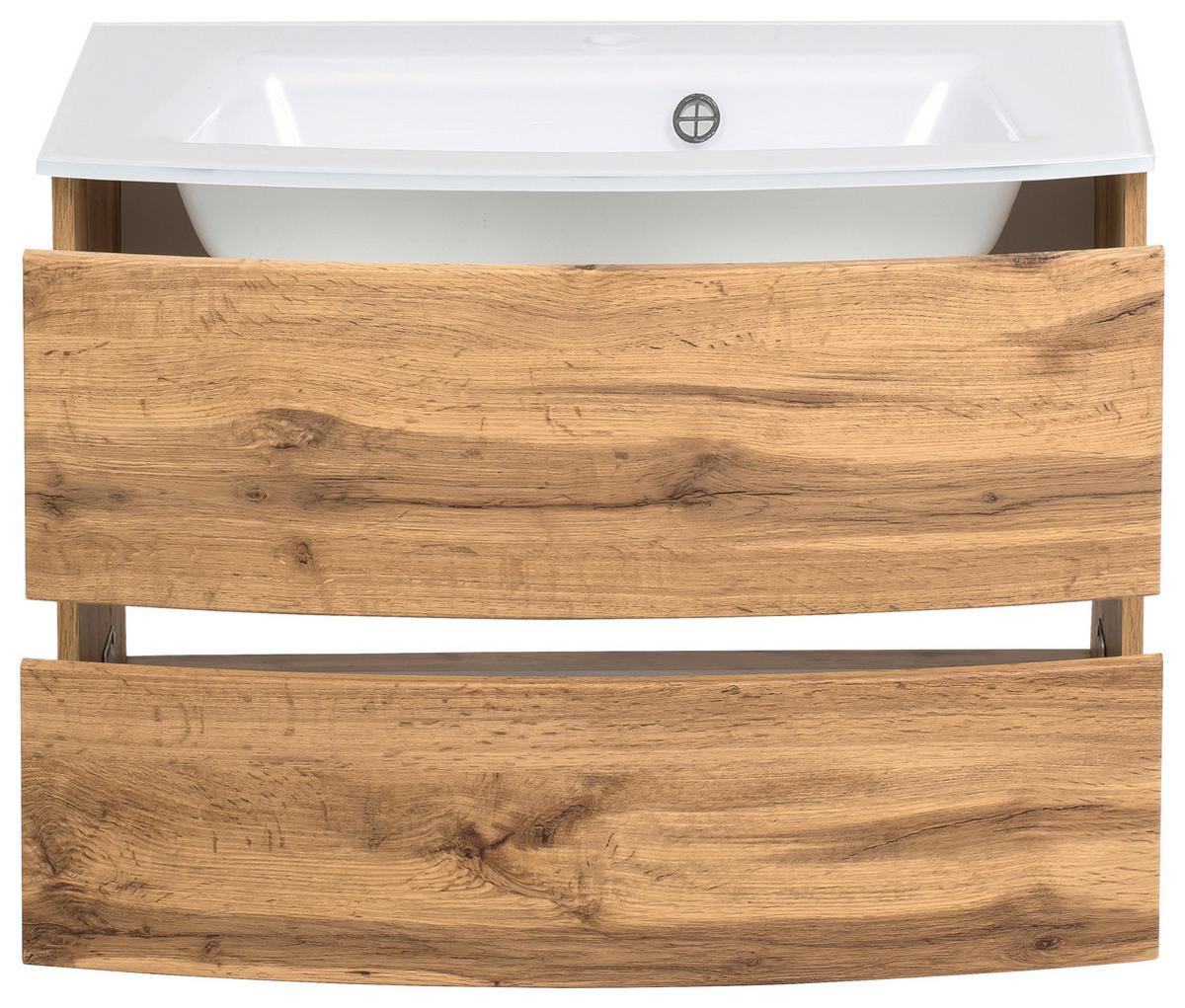Waschbecken mit Unterschrank Kopenhagen B: 80cm Eiche Dekor - Eichefarben/Weiß, KONVENTIONELL, Glas/Holzwerkstoff (80cm) - Held