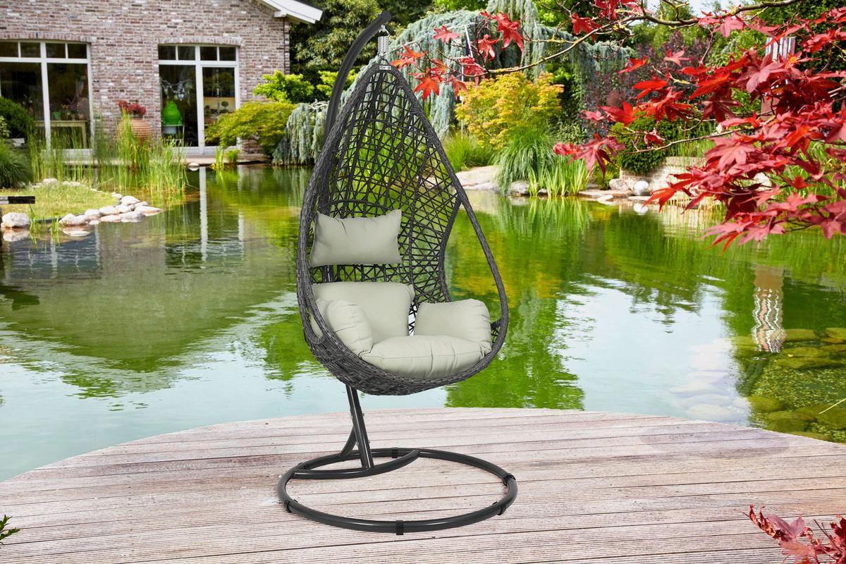 Hängesessel mit Gestell Kuba inkl. Sitz- und Rückenkissen - Anthrazit/Weiß, Basics, Kunststoff/Textil (103/208/103cm)