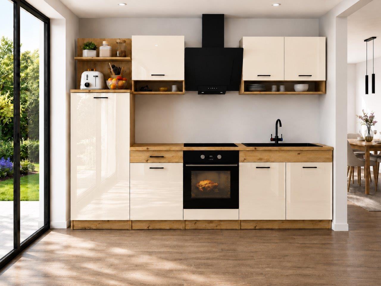 Konyhablokk Bravo 2 - bézs/tölgyfa színű, Modern, műanyag/fa (280cm) - Best Price