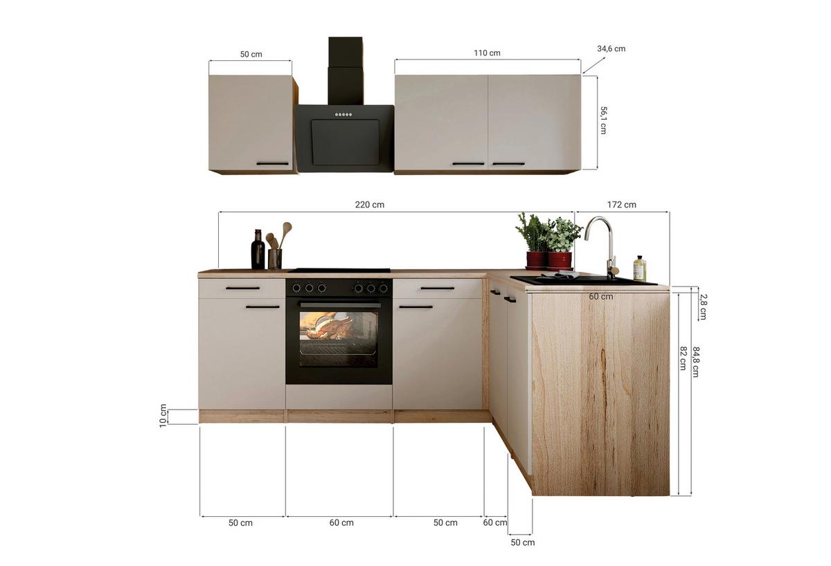 ECKKÜCHE Merle, Kaschmir S: 220x172cm - Kaschmir/Eichefarben, Trend, Holzwerkstoff (220/172cm) - Respekta