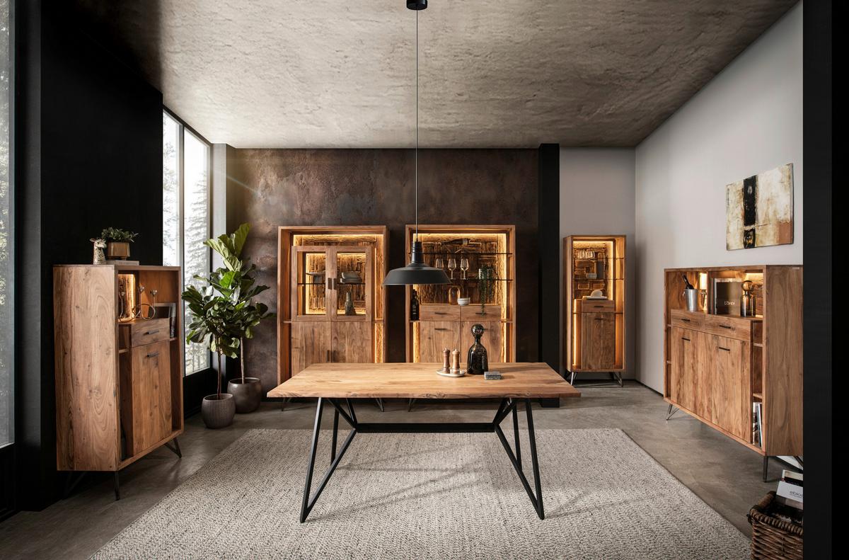 Highboard Indira Akazie Massiv, B: 145 cm - Schwarz/Akaziefarben, ROMANTIK / LANDHAUS, Holz/Metall (145/150/40cm)