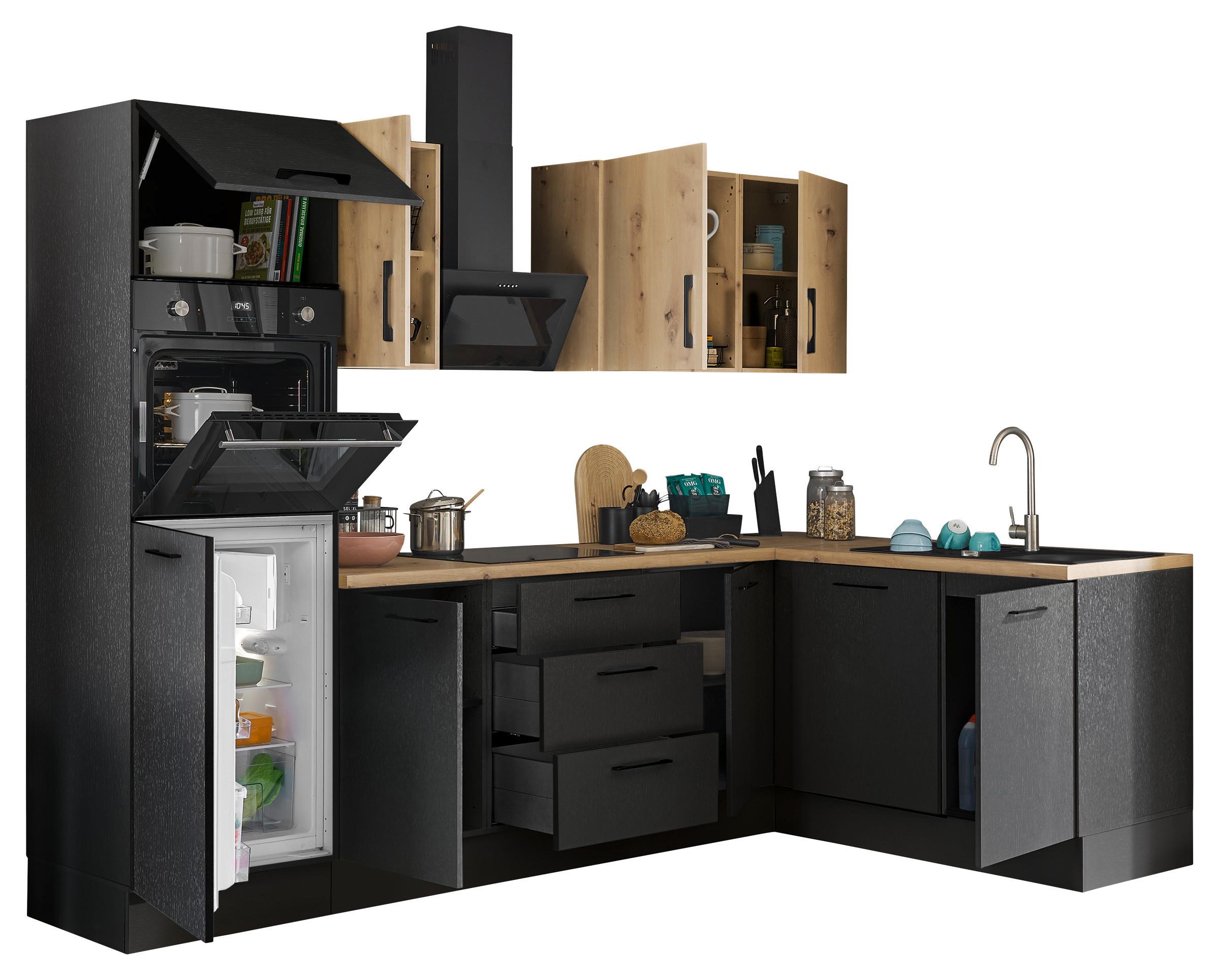 Eckküche Turin Schwarz/Eiche Dekor 280x175 cm - Schwarz/Eiche Artisan, Basics, Holzwerkstoff (280/175cm) - MID.YOU