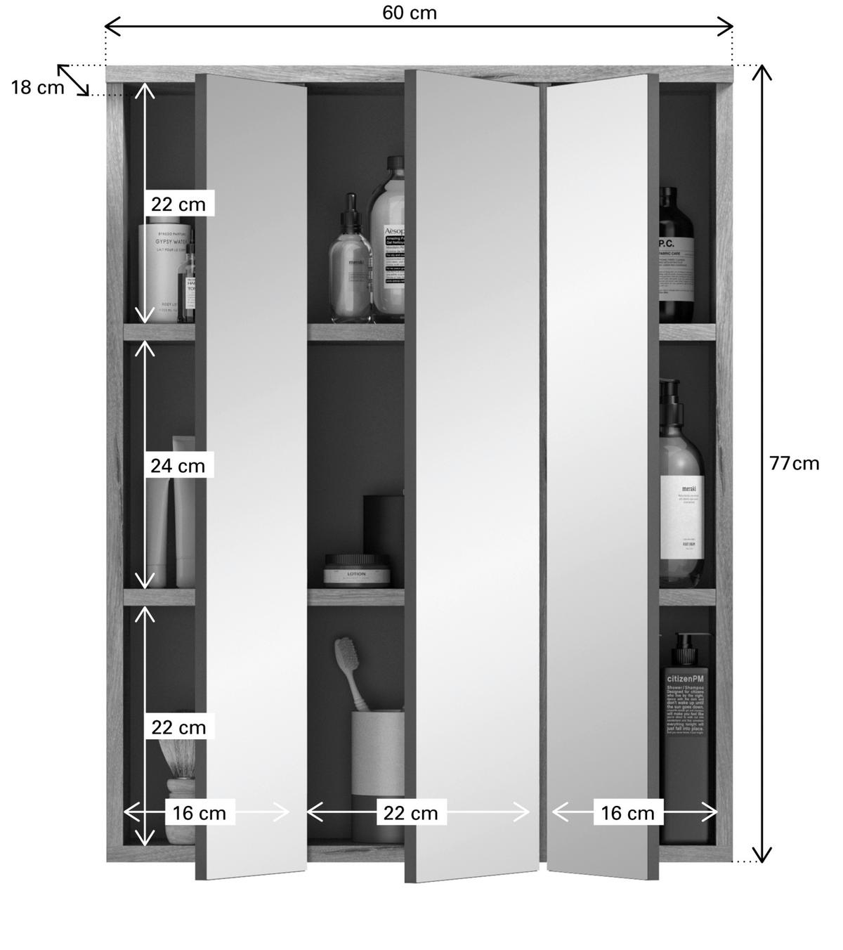 Badezimmer Mason Grau Eiche Dekor - Erlefarben/Schwarz, MODERN, Glas/Holzwerkstoff (134cm) - MID.YOU
