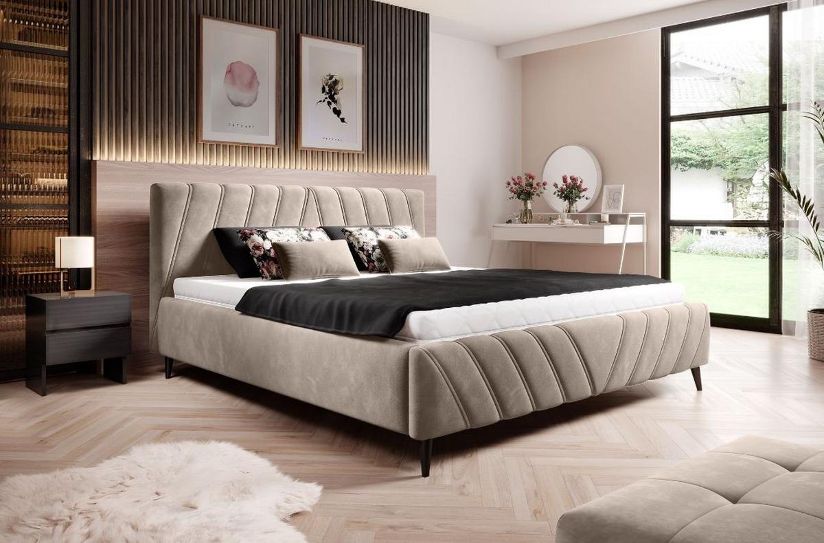 Manželská posteľ Melli, 160x200, béžová - čierna/béžová, Design, drevo/textil (160/200cm)