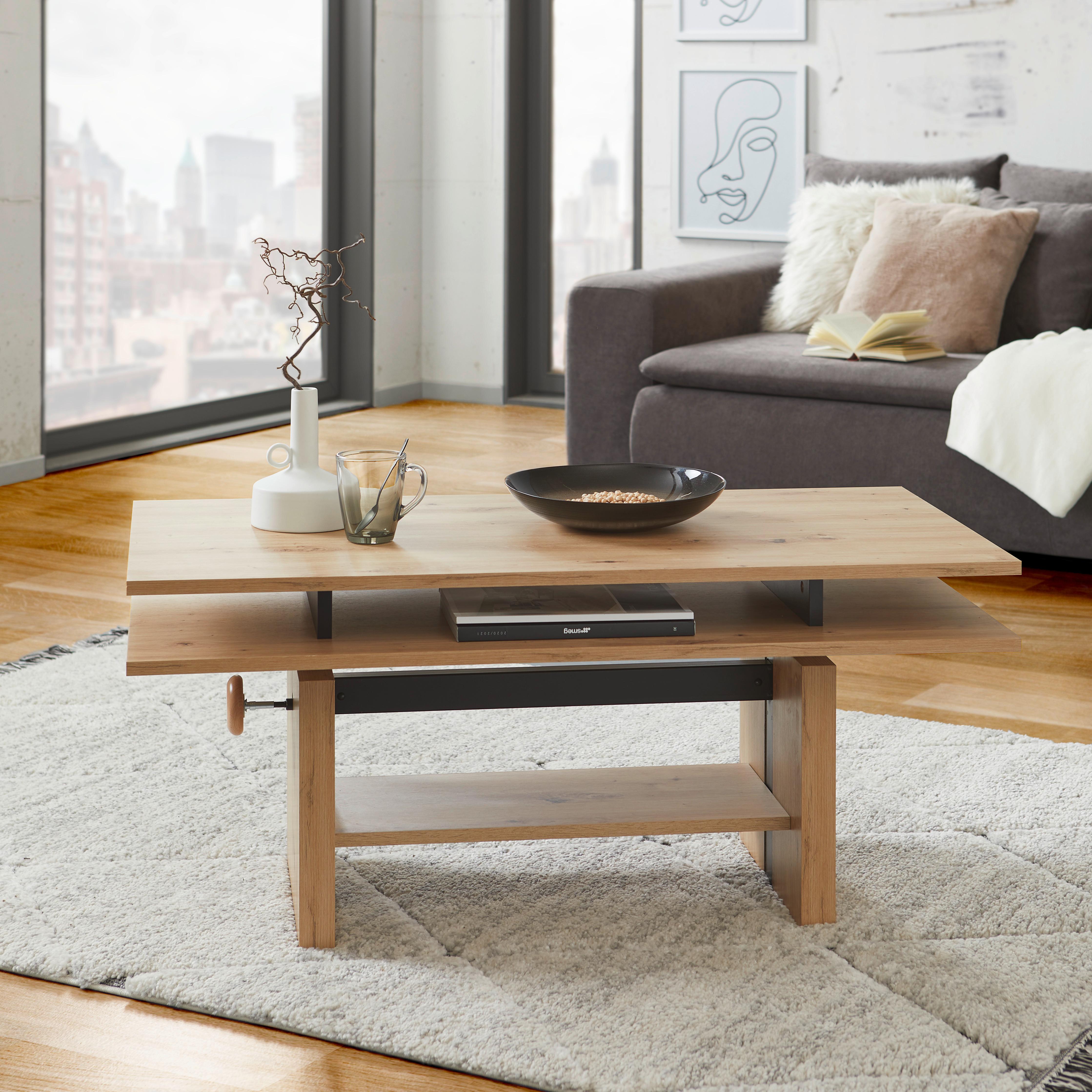 Couchtisch höhenverstellbar mit Ablage Menuett Eiche Dekor - Eichefarben/Schwarz, Design, Holzwerkstoff (55/110/52-68cm) - MID.YOU