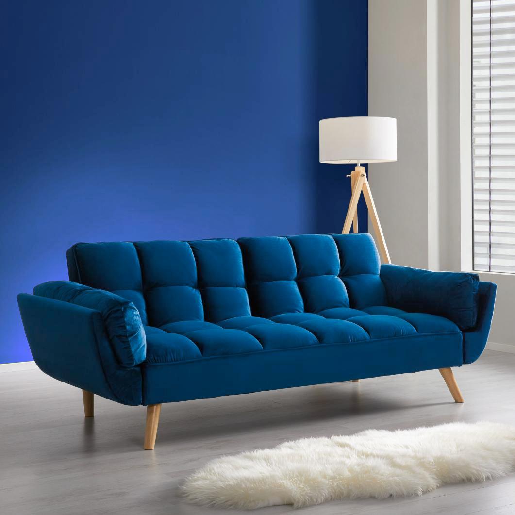 Rozkladacia pohovka CORA, modrý zamat, max. 360 kg - modrá/prírodná farba, Modern, drevo/textil (214/92/81cm) - Bessagi Home