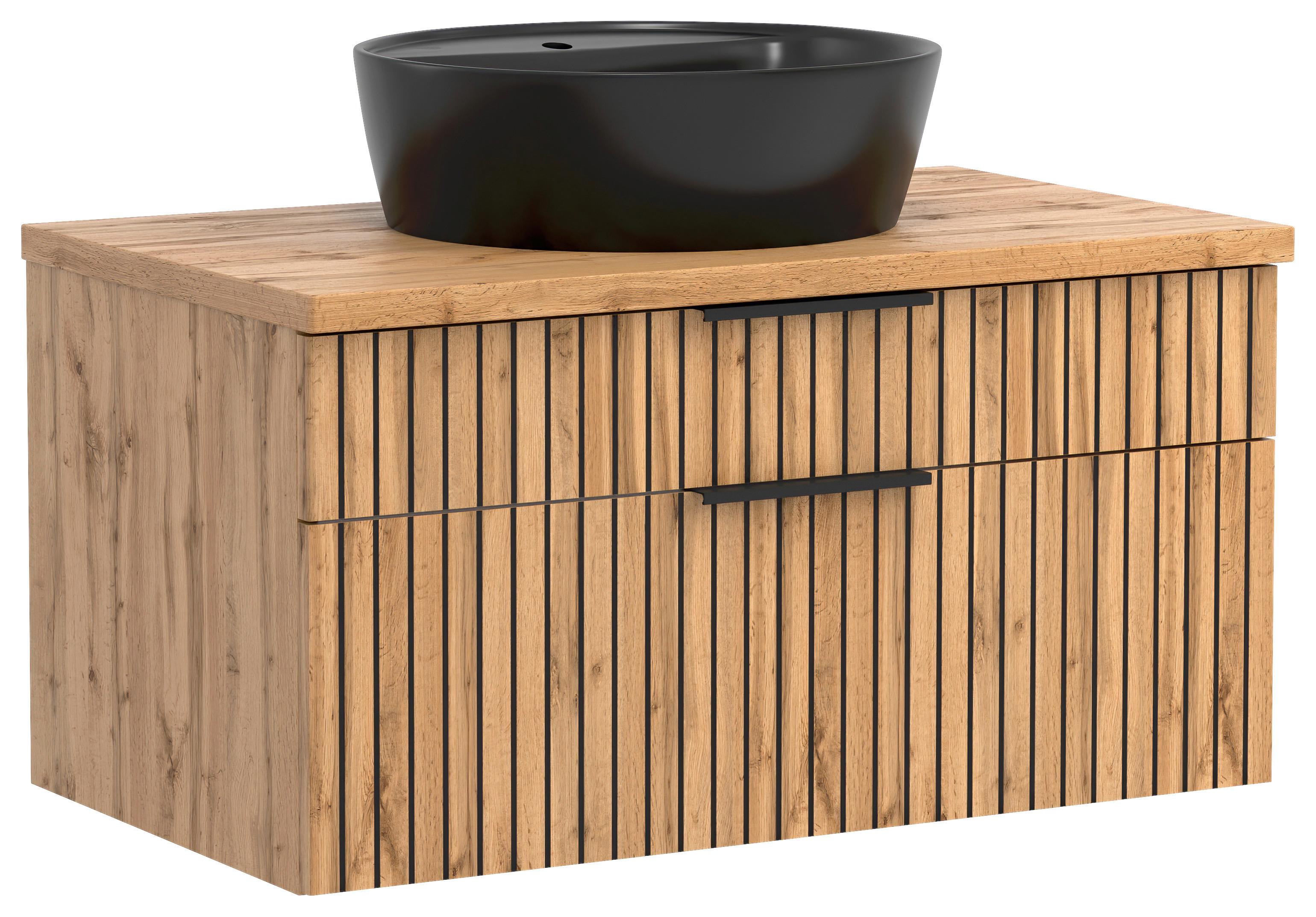 Waschbecken mit Unterschrank Chester B: 80 cm - Eiche Wotan/Schwarz, MODERN, Holzwerkstoff/Stein (80cm) - Held