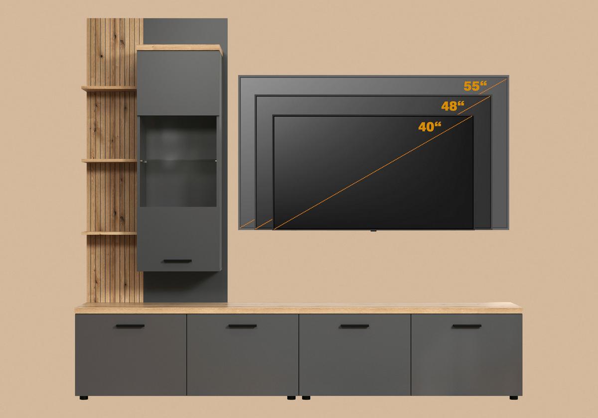 Wohnwand Baggio Anthrazit/Eiche B: 240cm - Eichefarben/Anthrazit, Design, Glas/Holzwerkstoff (240/212/40cm) - MID.YOU