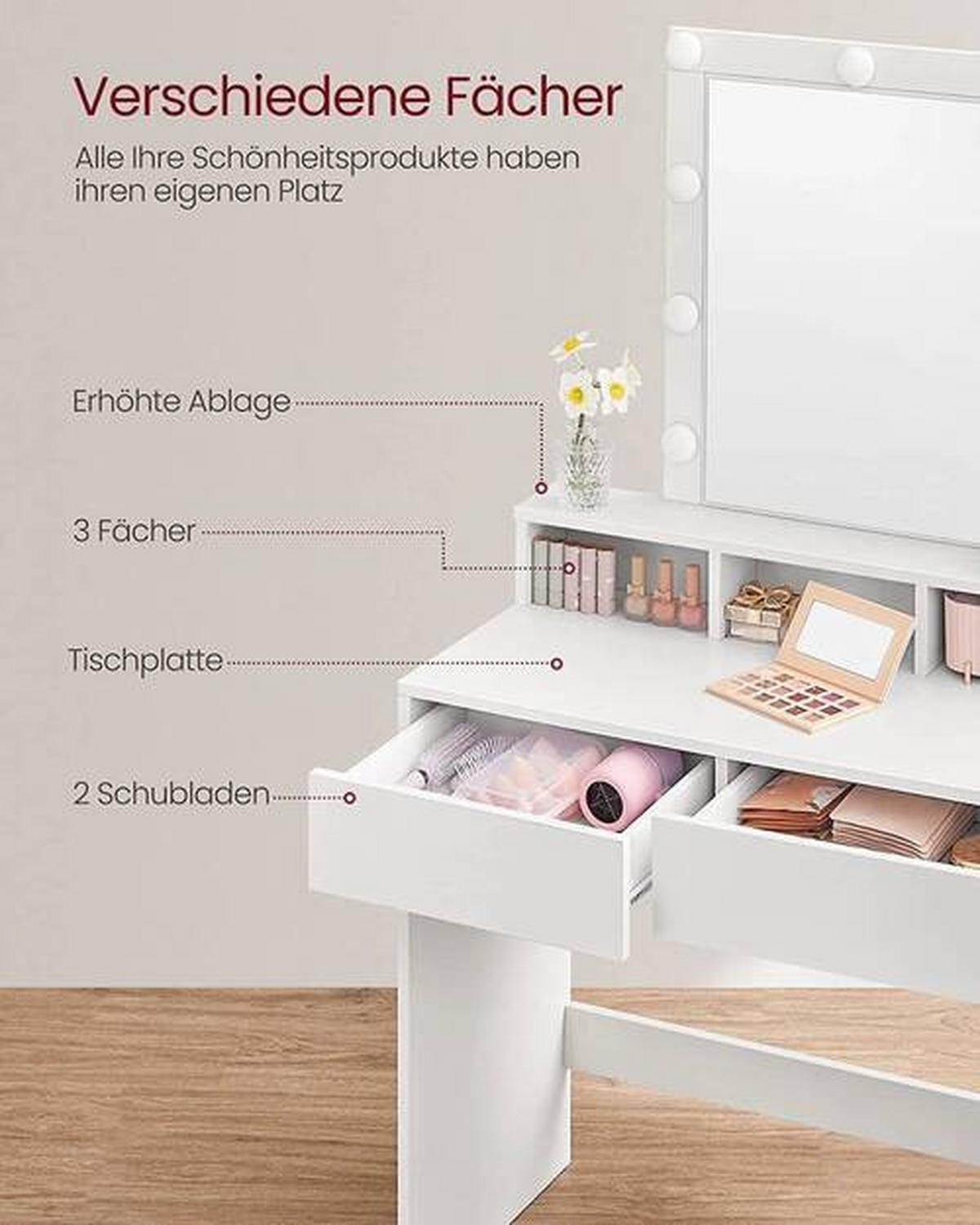 Schminktisch B: 80 cm Weiß - Weiß, Trend, Glas/Holzwerkstoff (80/40/145cm) - Boxxx