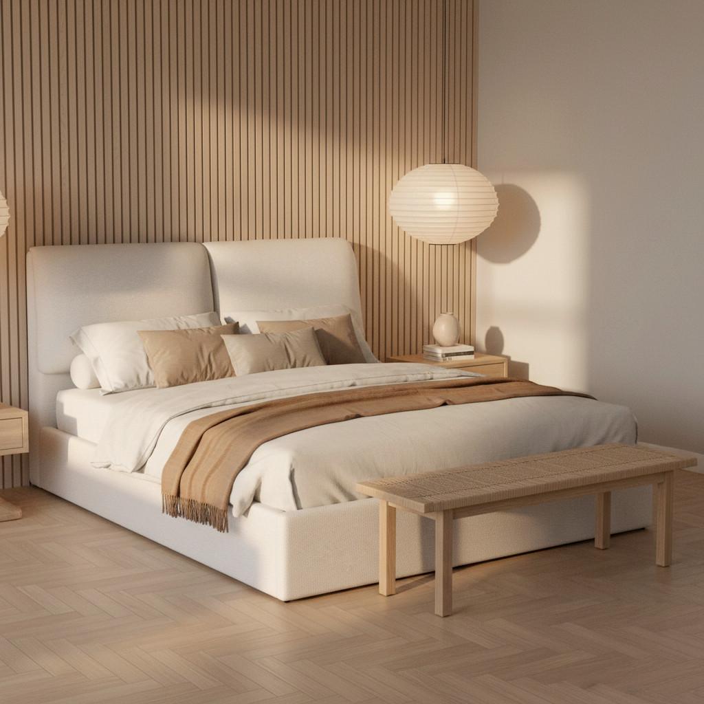 Čalúnená posteľ PERLA 180x200 cm, béžová - čierna/prírodná farba, Modern, drevo/textil (180/200cm) - Bessagi Home