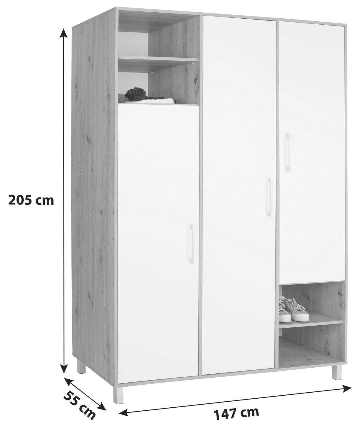 Kleiderschrank mit Fächern 147cm Box, Weiß/Eiche Dekor - Weiß/Eiche Artisan, MODERN, Holzwerkstoff (147/205/55cm) - Ondega