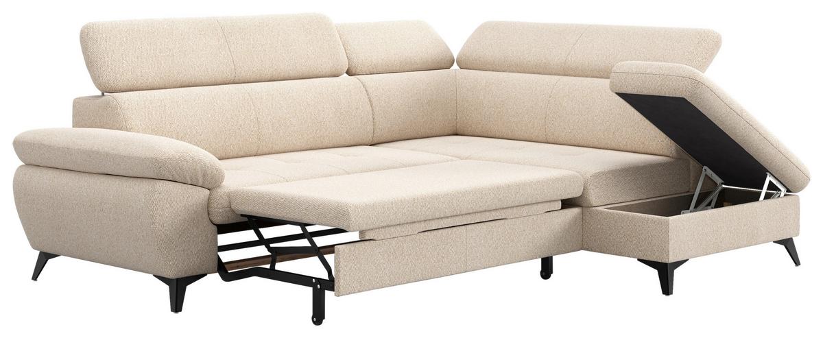 Ecksofa mit Bettfunktion Hudson, Chenille beige - Beige/Schwarz, KONVENTIONELL, Textil (256/207cm) - Sembella
