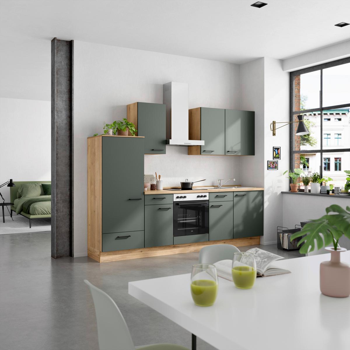 Küchenleerblock Easytouch Low-Line, L6 Links - Dunkelgrün/Eichefarben, MODERN, Holzwerkstoff (270cm) - Nobilia