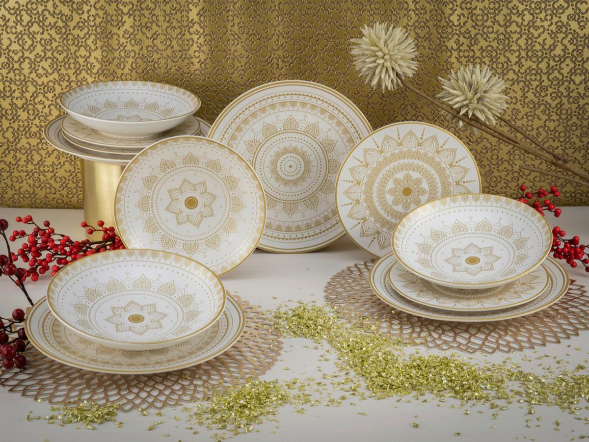 Jedálenský servis 12-dielna sada, biela/zlatá - biela/zlatá, keramika (31,5/31,5/37cm) - Creatable