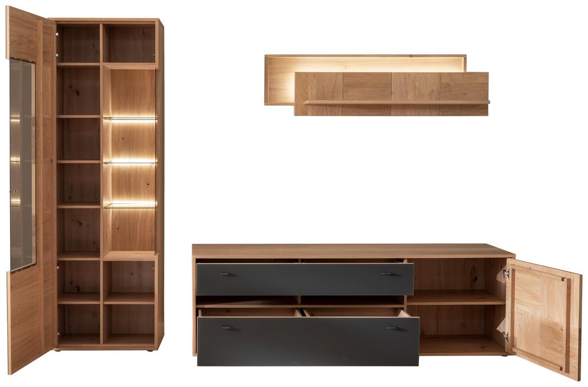 Wohnkombination Teilmassiv 3tlg. Valencia Anthrazit - Eiche Bianco/Anthrazit, Design, Glas/Holz (258/207/50cm) - MID.YOU