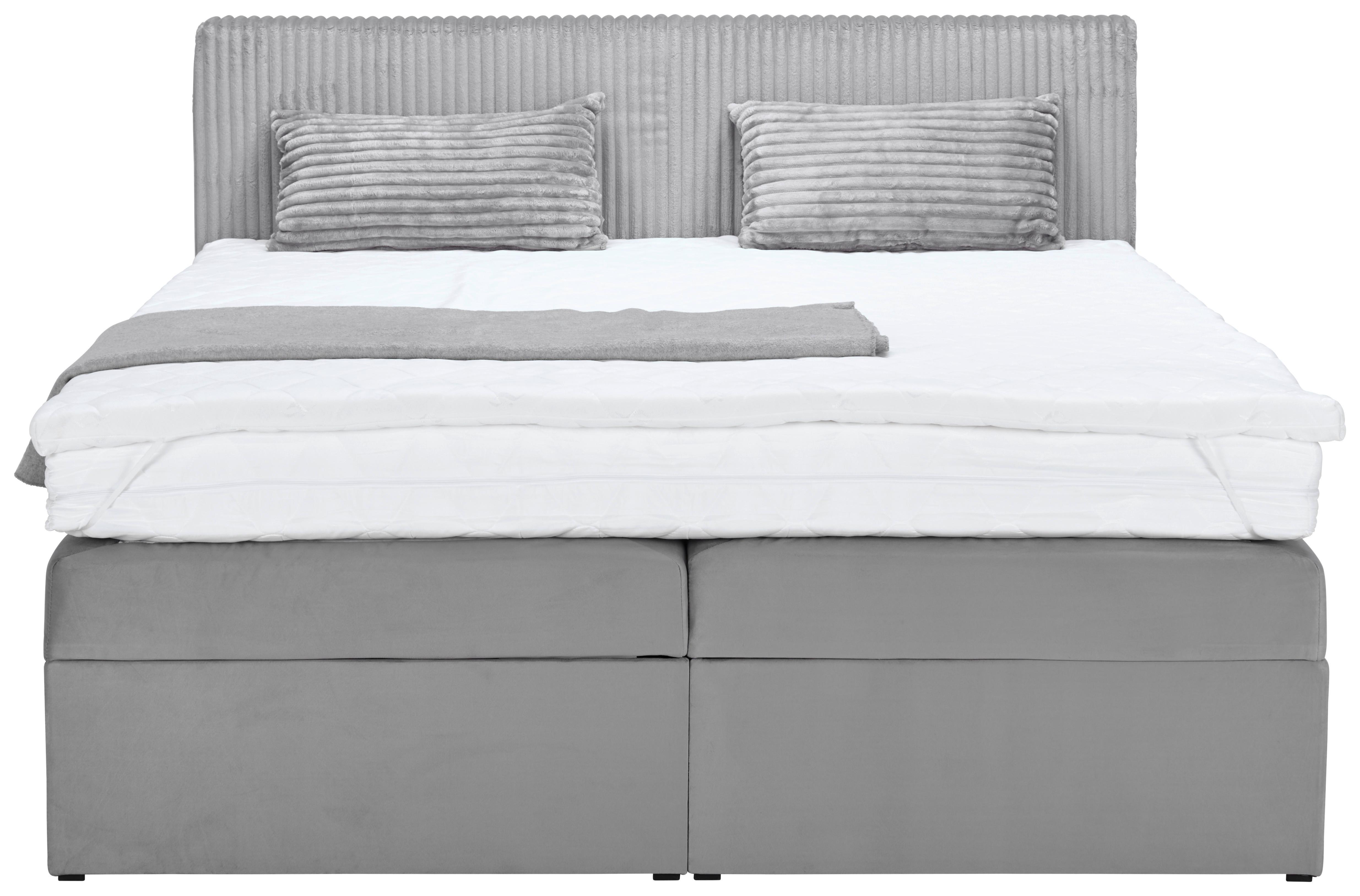 Silberfarbenes Boxspringbett mit einer Liegefläche von 180 x 200 cm