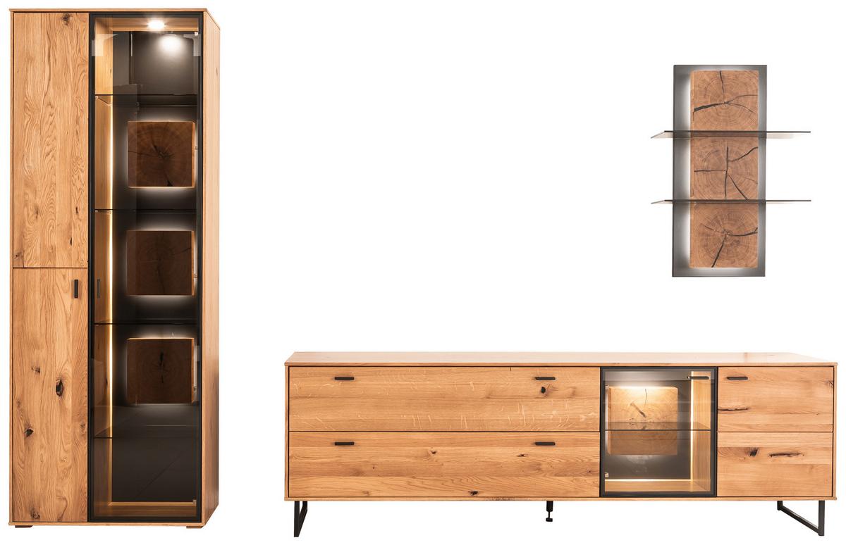 Wohnwand Assini Wildeiche B: 306 cm - Wildeiche/Schwarz, Design, Glas/Holz (306/206/50cm) - MID.YOU