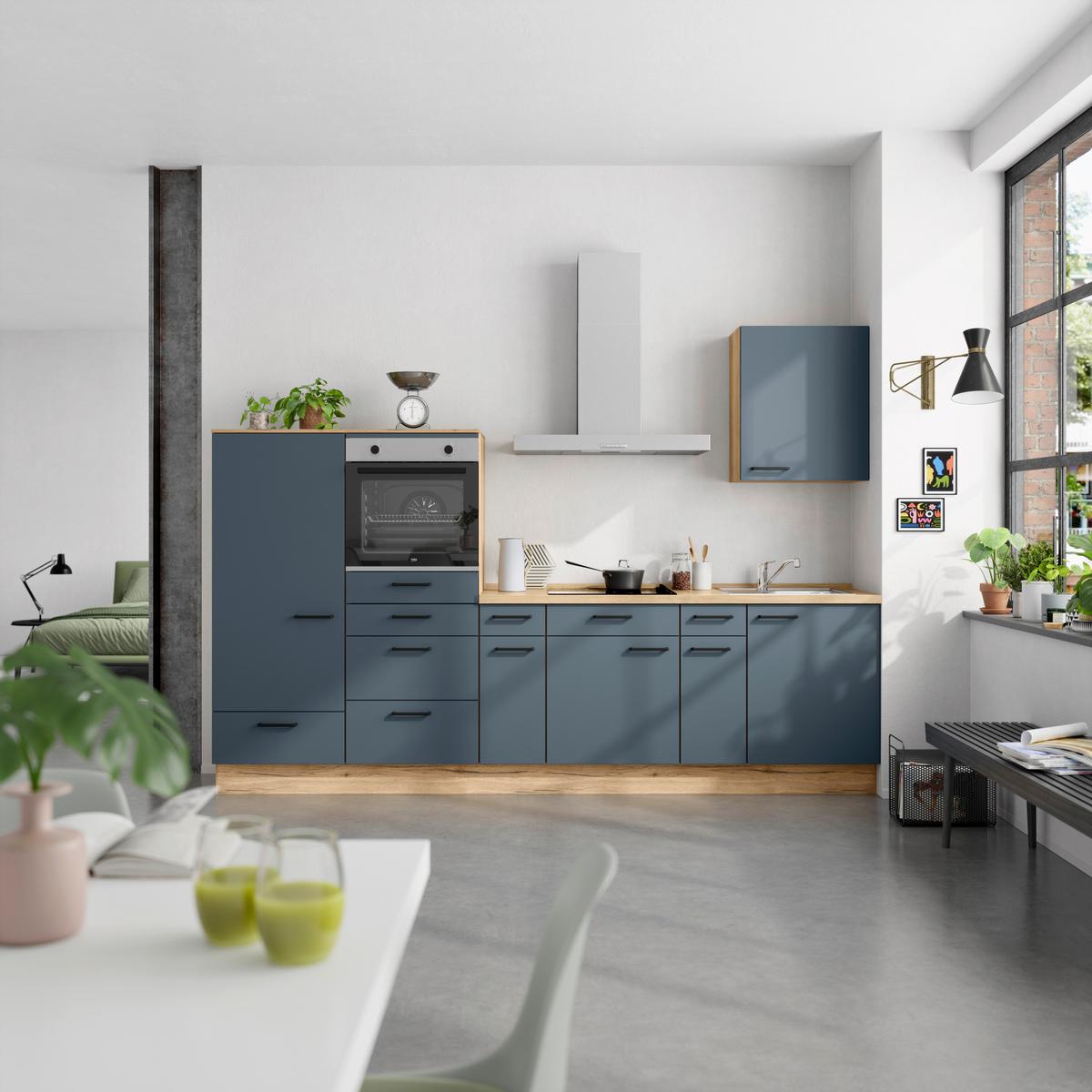 Küchenleerblock Easytouch Low-Line, L4 Links - Blau/Eichefarben, MODERN, Holzwerkstoff (300cm) - Nobilia