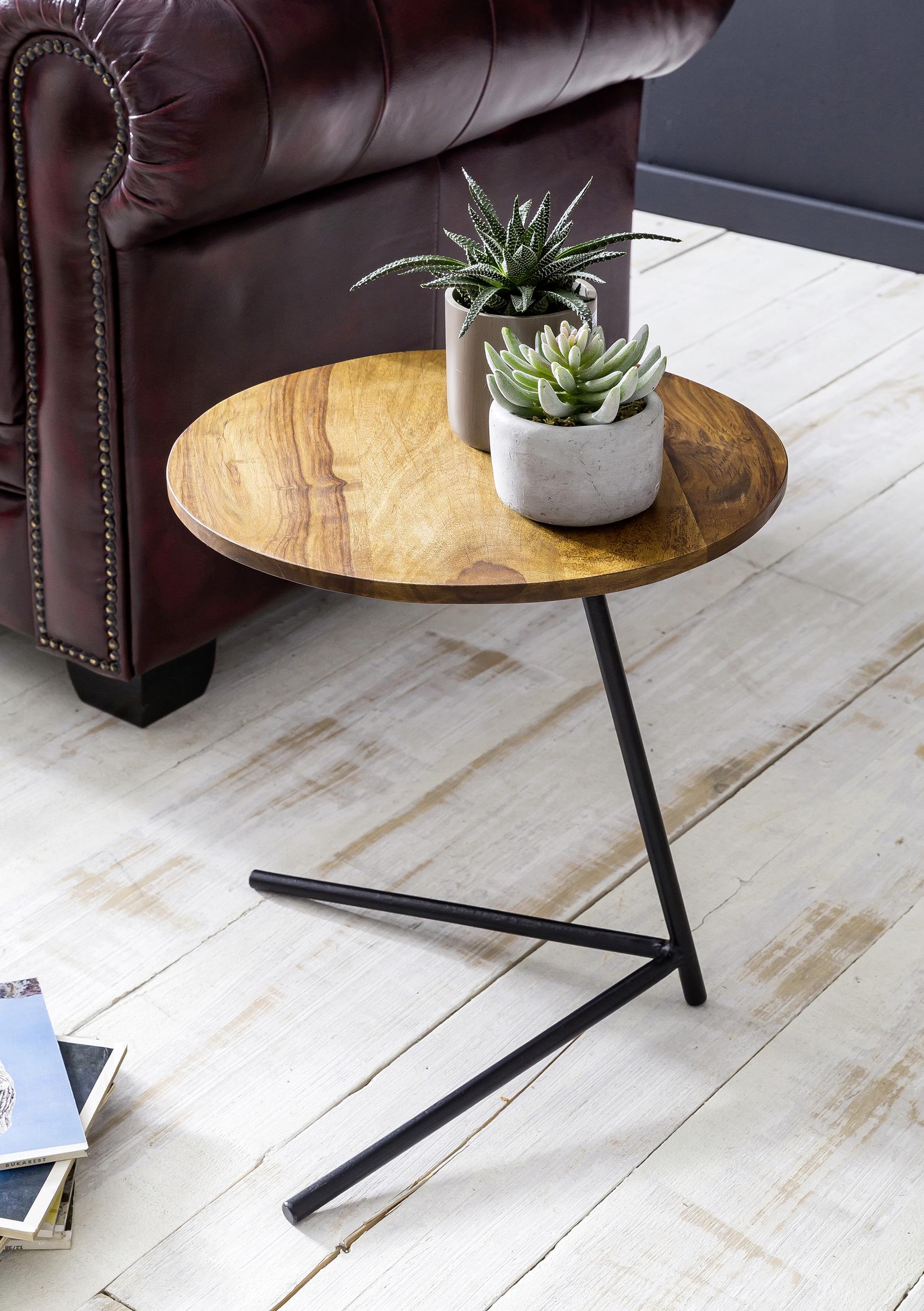 Beistelltisch Rund Mit Holzplatte, Sheesham/schwarz - Sheeshamfarben/Schwarz, Design, Holz/Metall (40/40/46cm) - MID.YOU