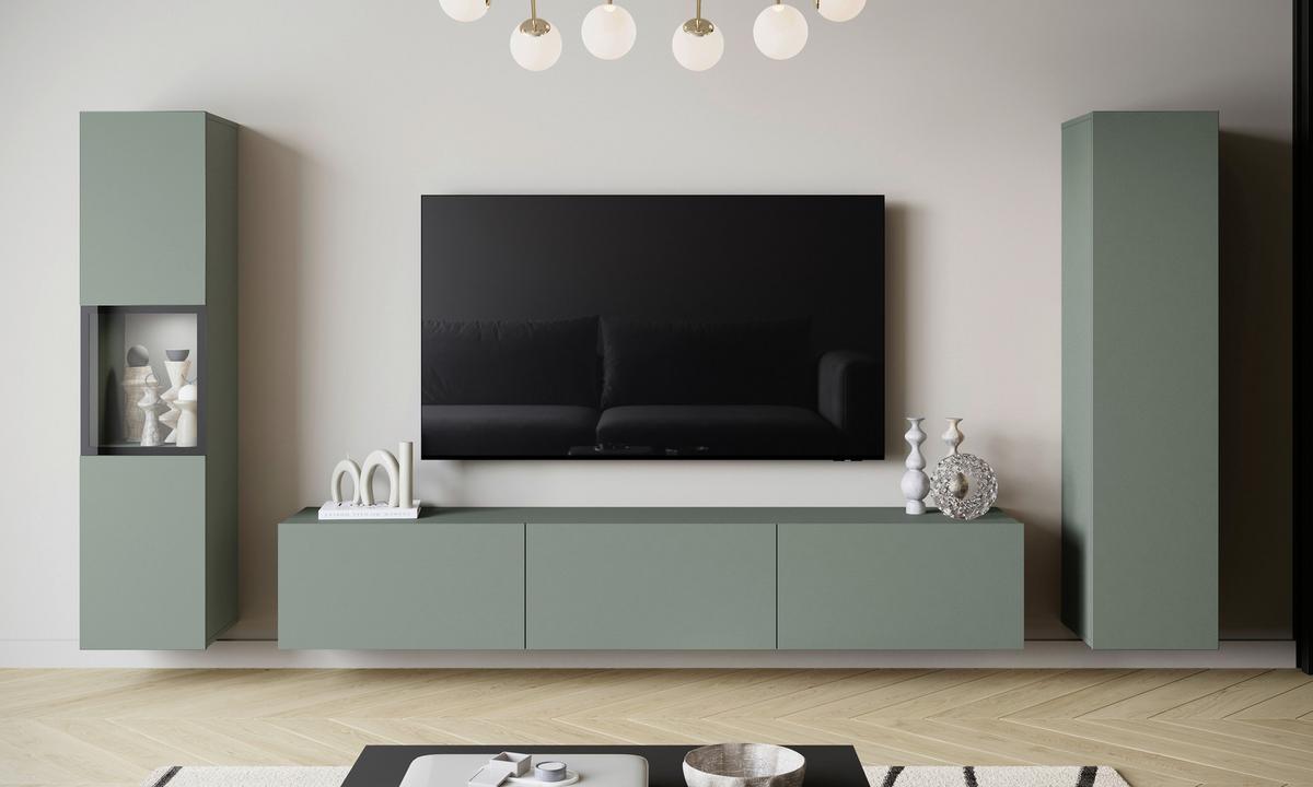 Wohnwand mit LED Berlin III Salbeigrün - Salbeigrün/Grau, Design, Glas/Holzwerkstoff (240/130/31cm) - P & B