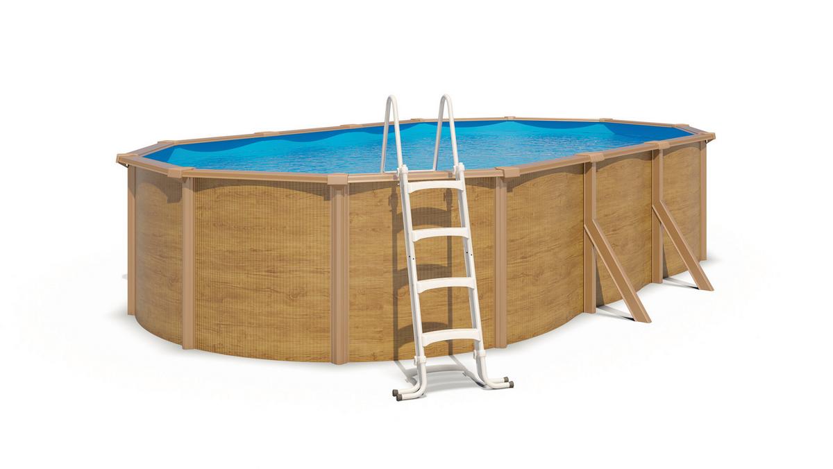 Pool-Set Steely De Luxe Wood 3-teilig, Laufruhige Pumpe - Hellbraun/Hellblau, Basics, Metall (635/390/120cm)