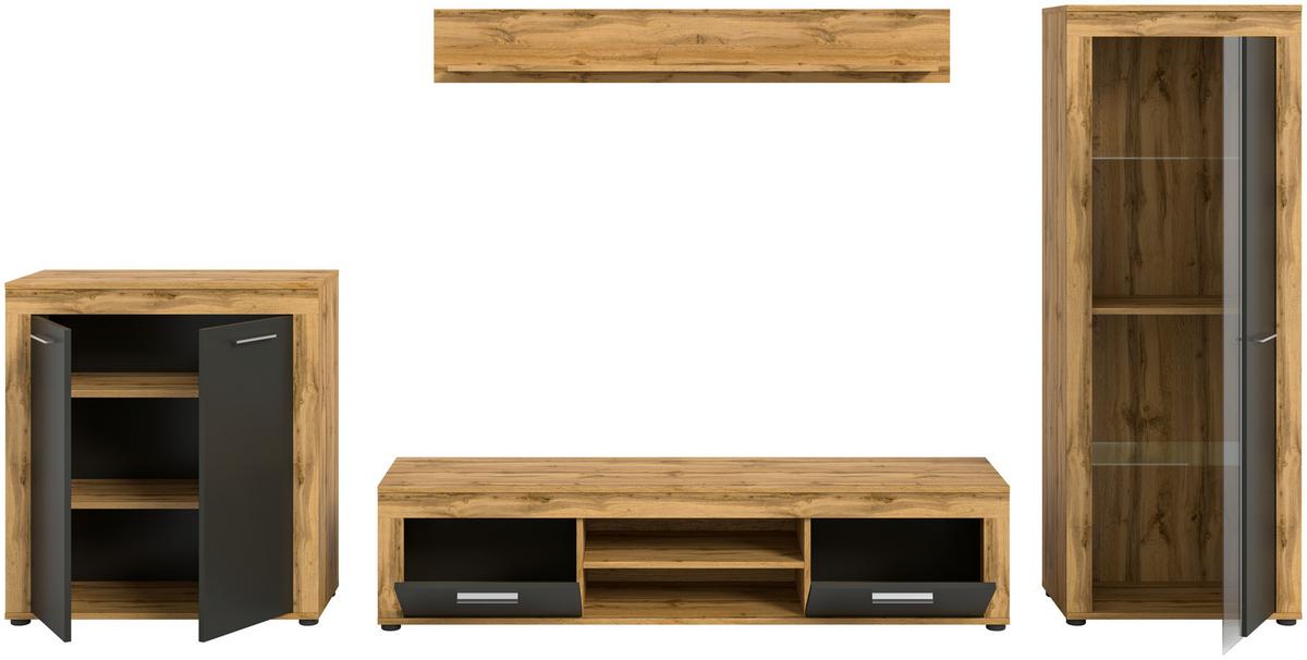 Wohnwand Jam Eiche Dekor, Anthrazit 4-Teilig B: 330 Cm - Anthrazit/Eiche Wotan, Design, Glas/Holzwerkstoff (330/159/35cm) - MID.YOU