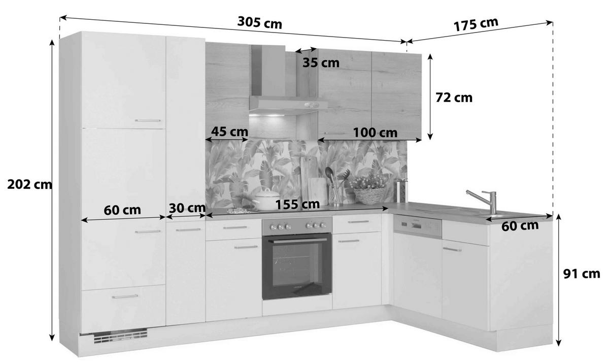 Eckküche Las Vegas/Singapur ohne Geräte 305x175 cm, Modern - Eichefarben/Weiß, LIFESTYLE, Holzwerkstoff (305/175cm) - Vertico