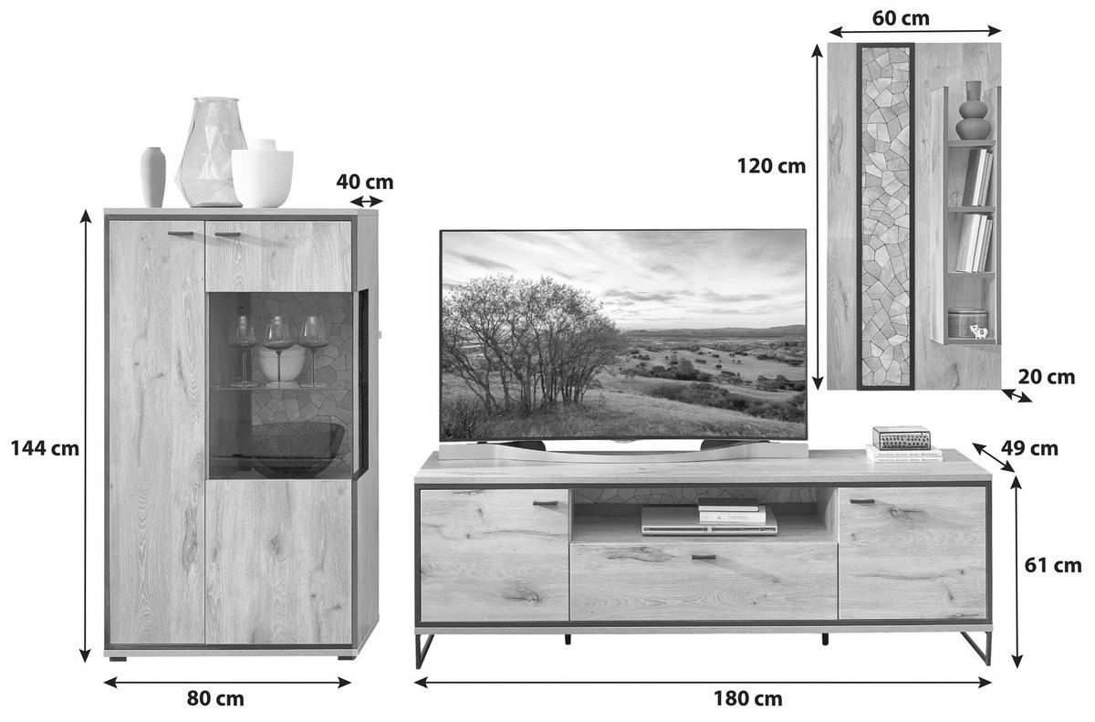 Wohnwand Ruben - Eichefarben/Schwarz, KONVENTIONELL, Glas/Holzwerkstoff (290/201/49cm) - Livetastic