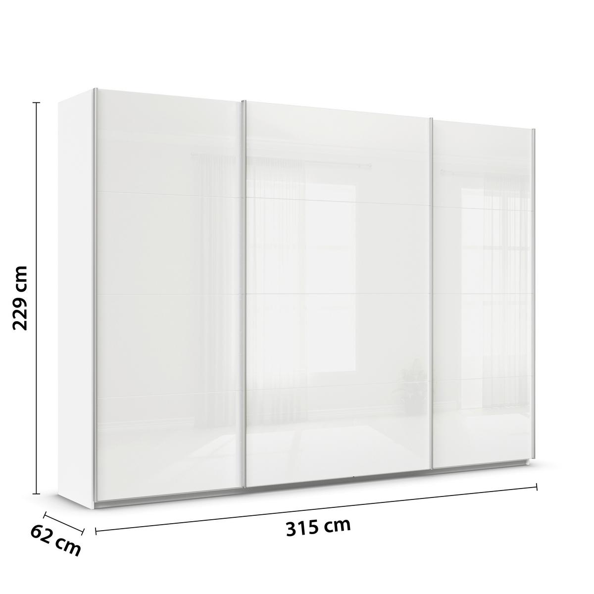 Tolóajtós Szekrény Feldkirch 315/229 Cm - magasfényű fehér/fehér, Modern, faalapú anyag/Üveg (315/229/62cm)