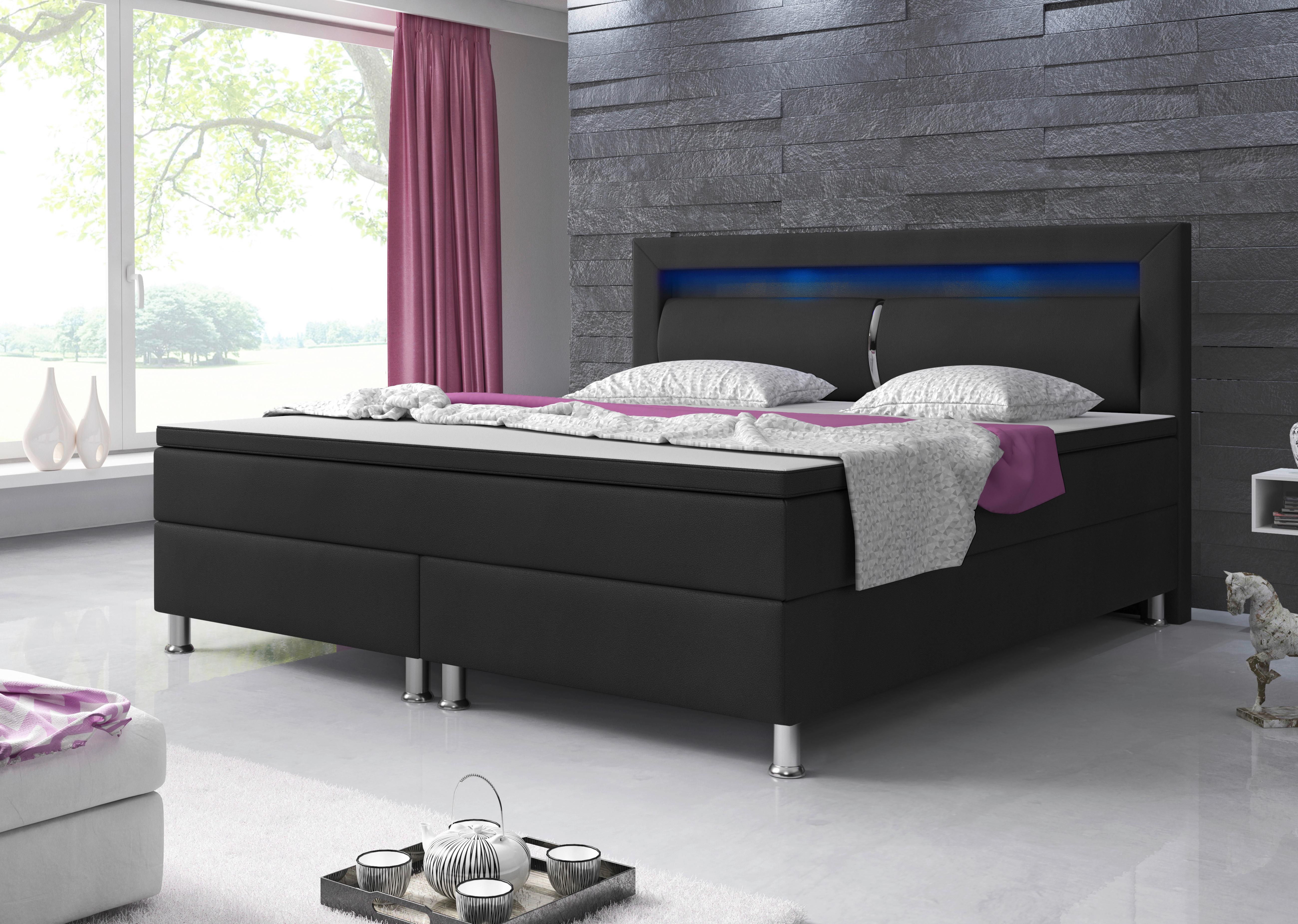 Boxspringbett Mit Topper / Matratze 180x200 Cm Milano - Silberfarben/Schwarz, KONVENTIONELL, Leder/Textil (180/115/210cm) - MID.YOU