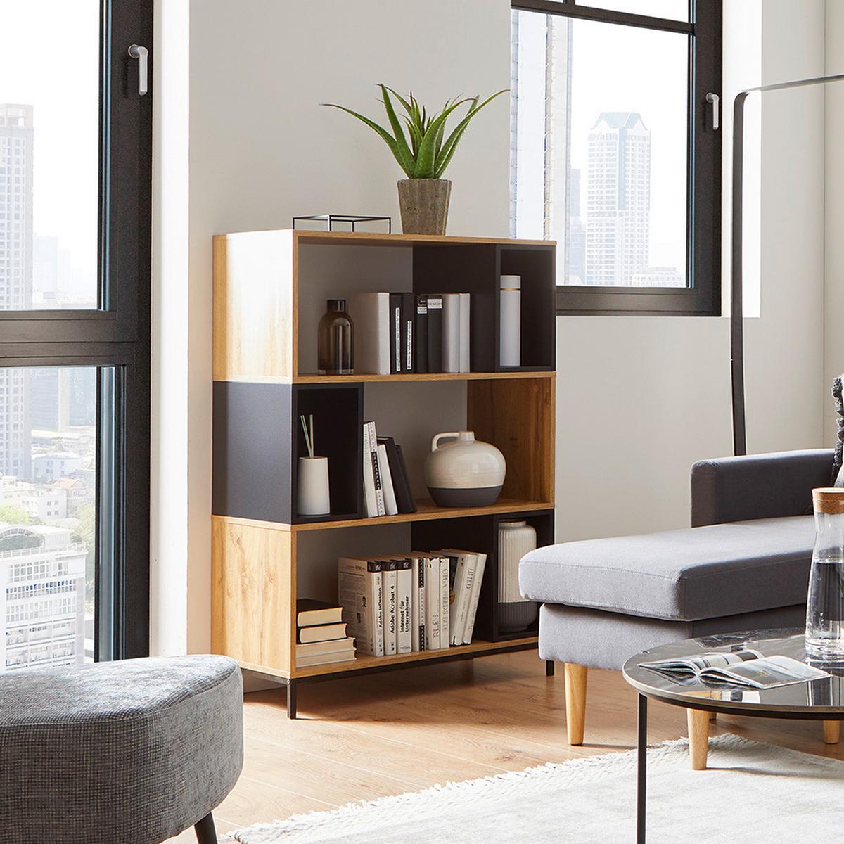 Regál MEGY - čierna/farba duba, Modern, kov (80/121/40cm) - Bessagi Home