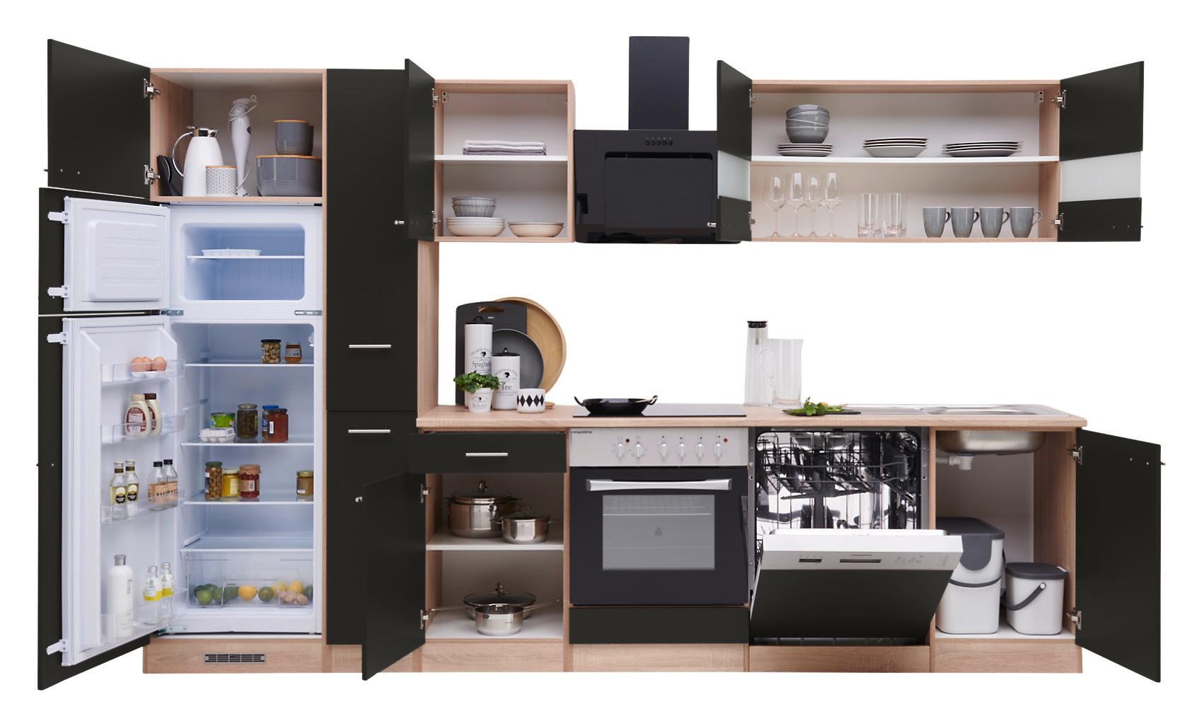 Küchenzeile Economy mit Geräten 310 cm Schwarz/Eiche Dekor - Eichefarben/Schwarz, Basics, Holzwerkstoff (310cm) - Respekta