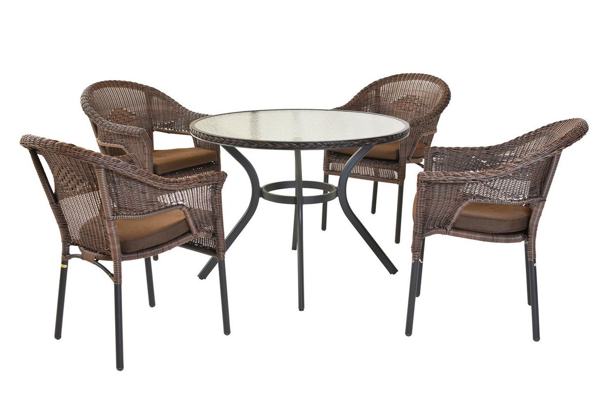 Gartentischgruppe Ravenna 5--teilig. aus Kunststoffgeflecht - Dunkelbraun/Graphitfarben, KONVENTIONELL, Glas/Kunststoff - Gardenson