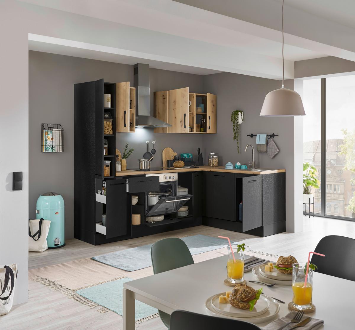 Eckküche Turin Schwarz/Eiche Dekor 250x175 cm - Schwarz/Eiche Artisan, Basics, Holzwerkstoff (250/175cm) - MID.YOU