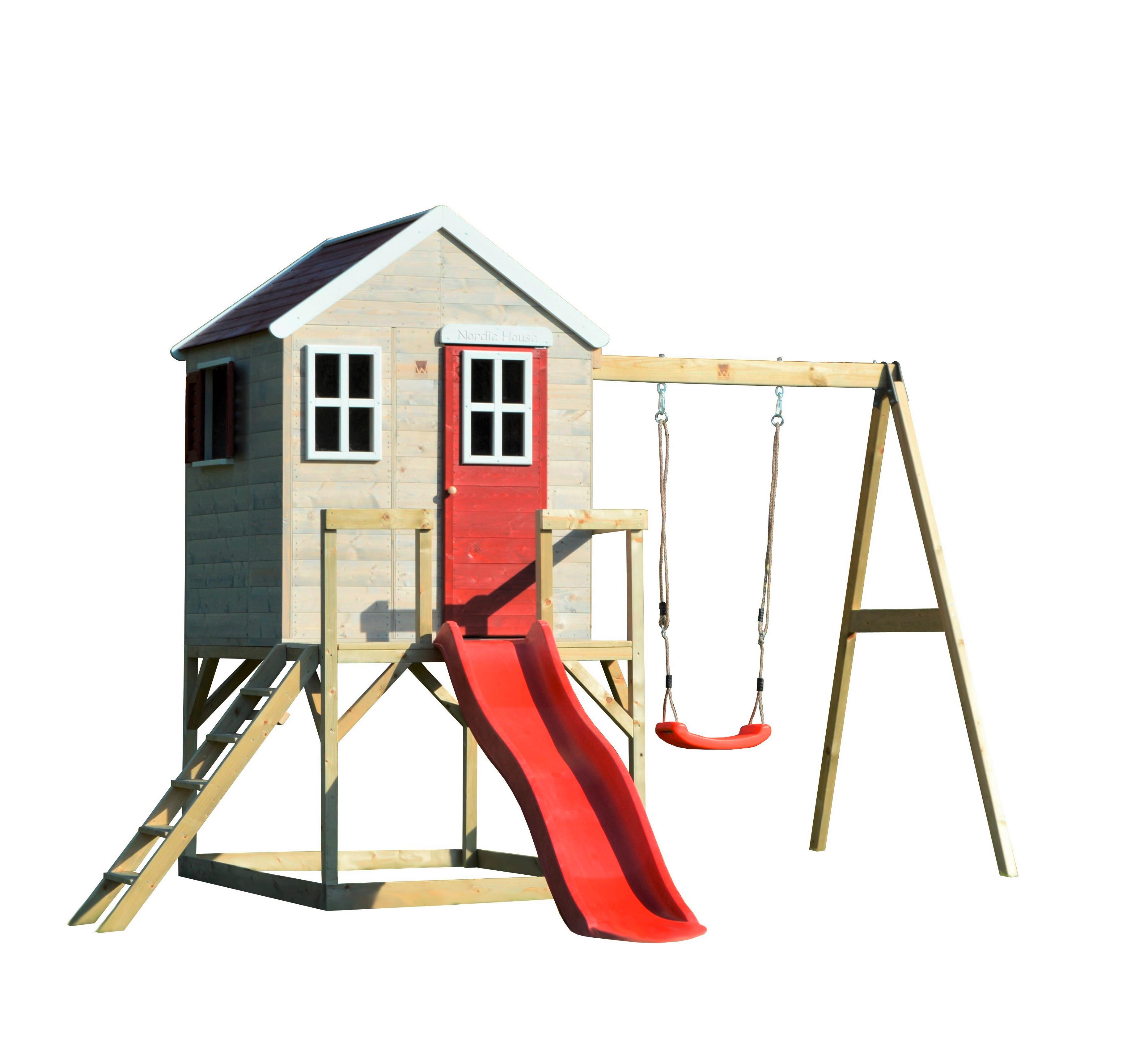 Spielhaus Elefant Naturfarben/Rot, B: 350 cm - Rot/Naturfarben, KONVENTIONELL, Holz (350/242/290cm)