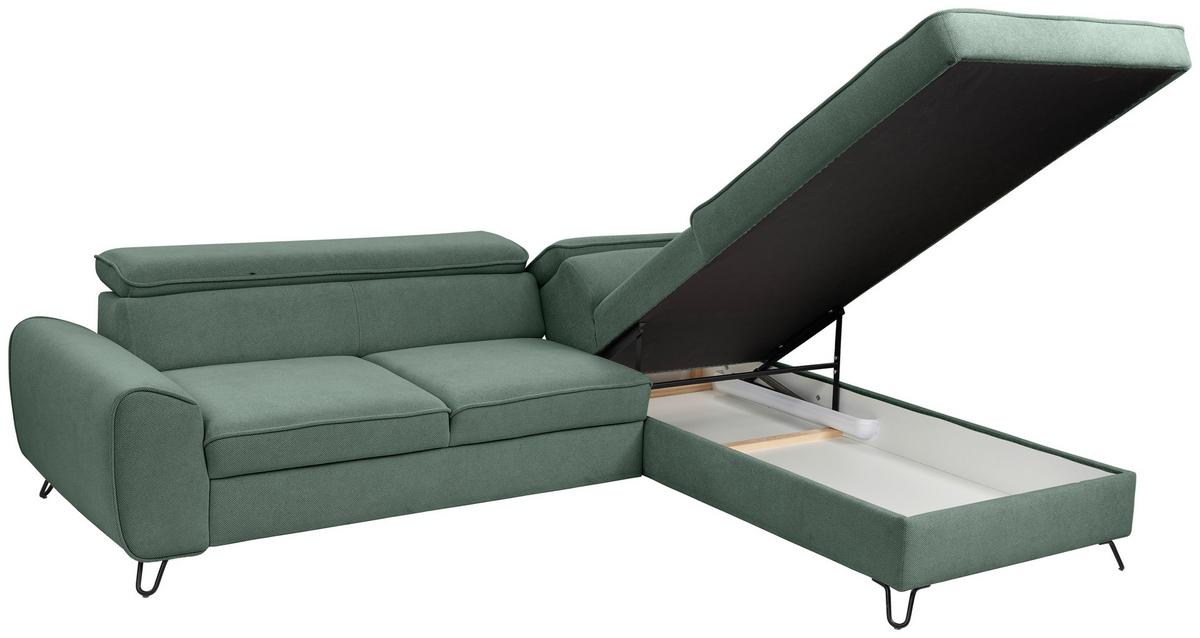 Rohová sedačka IDYLLA, pravá lesní zelená,úl.prostor,lůžko - černá/lesní zelená, Design, kov/textil (250/200cm)