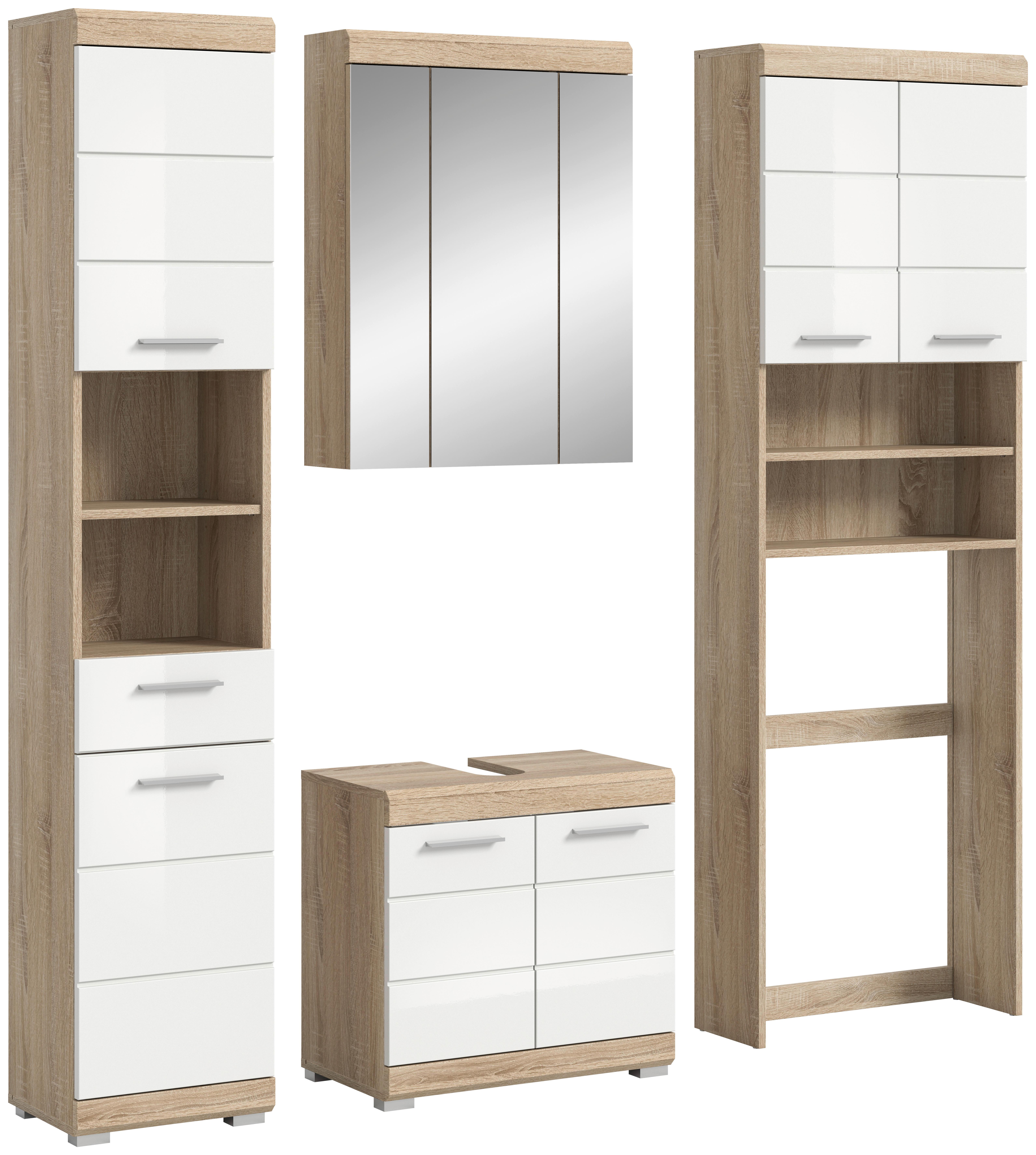Badezimmer Lambada Eiche Dekor/weiß B: 160,2 Cm - Weiß Hochglanz/Silberfarben, MODERN, Glas/Holzwerkstoff (160,2cm) - MID.YOU