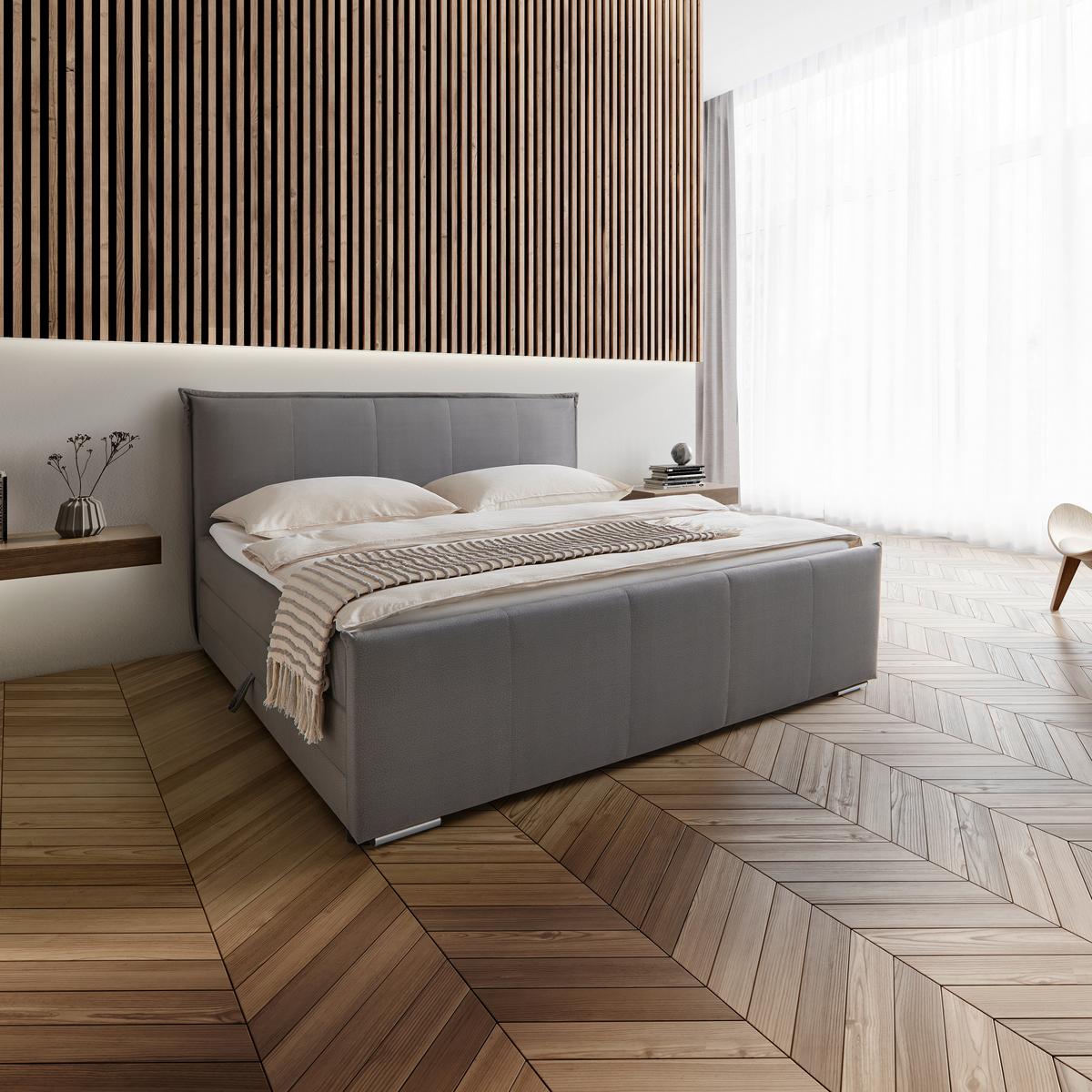 Posteľ boxspring s toperom, 200x200 cm, sivá - sivá/chrómová, Modern, kov/drevo (200/200cm) - Bessagi Home