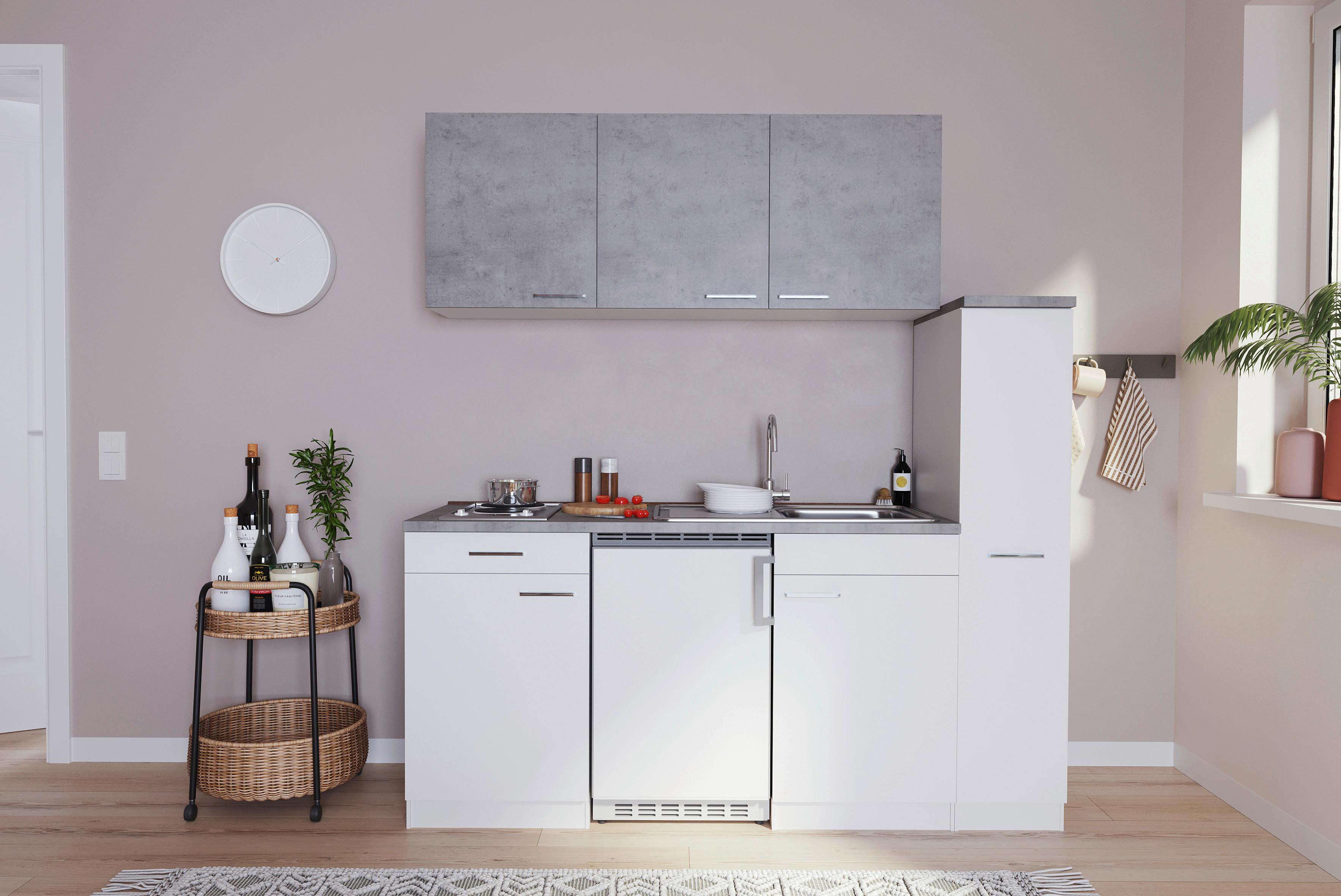 Miniküche Economy mit Geräten 180 cm Weiß/Betonoptik Modern - Hellgrau/Weiß, MODERN, Holzwerkstoff (180cm) - Respekta