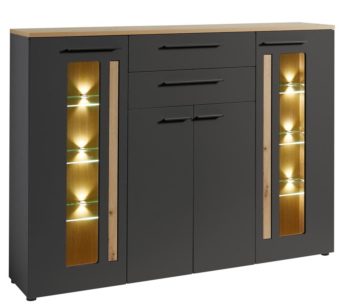 Vysoká vitrína LOFT-TWO - barvy dubu/černá, Moderní, kompozitní dřevo/plast (180/133/37cm) - Livetastic