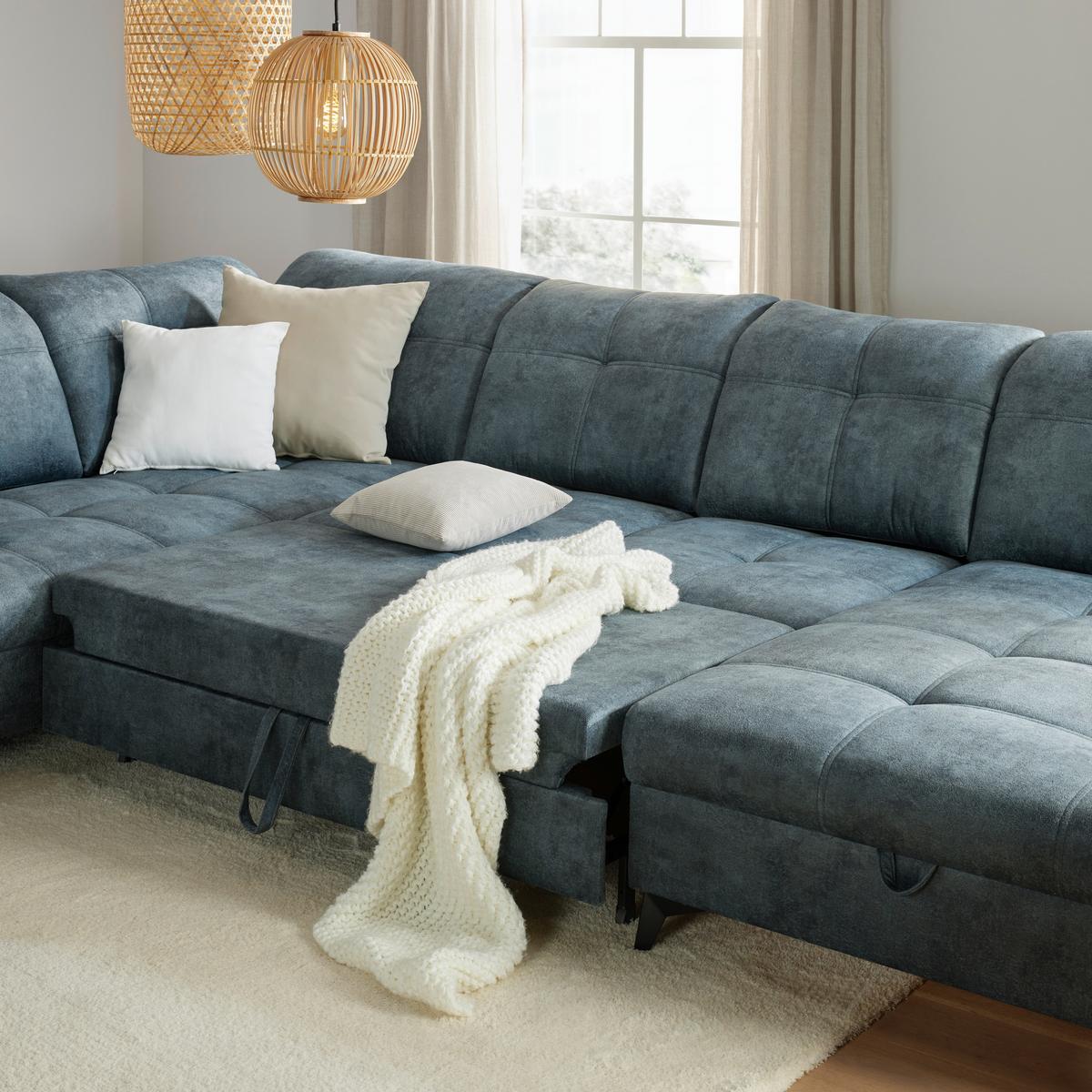 Sedacia súprava do U SIERRA, ľavá, modrosivá INFINITY - čierna/modrosivá, Modern, kov/textil (230/364/181cm) - Mömax