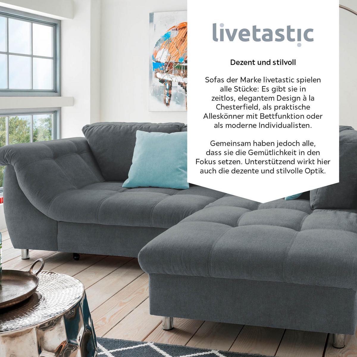Ecksofa mit Schlaffunktion Agira Anthrazit/Blau 250x190cm - Blau/Chromfarben, Design, Textil (250/190cm) - Livetastic
